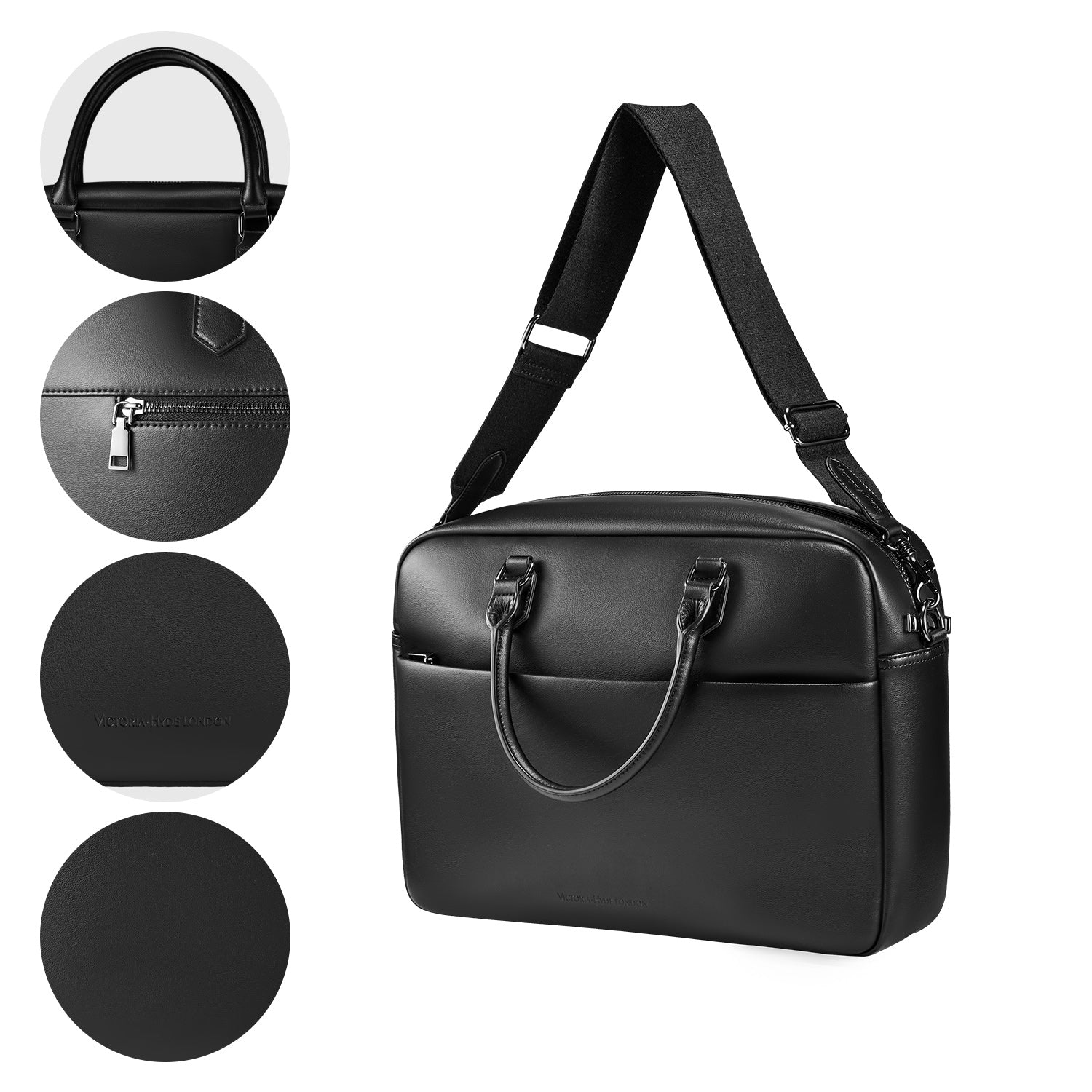 Victoria Hyde New Work Business Bag – elegant black briefcase with laptop compartment, microfiber leather look, organizer, and sustainable Shandong silk. Unisex carry/shoulder bag.
