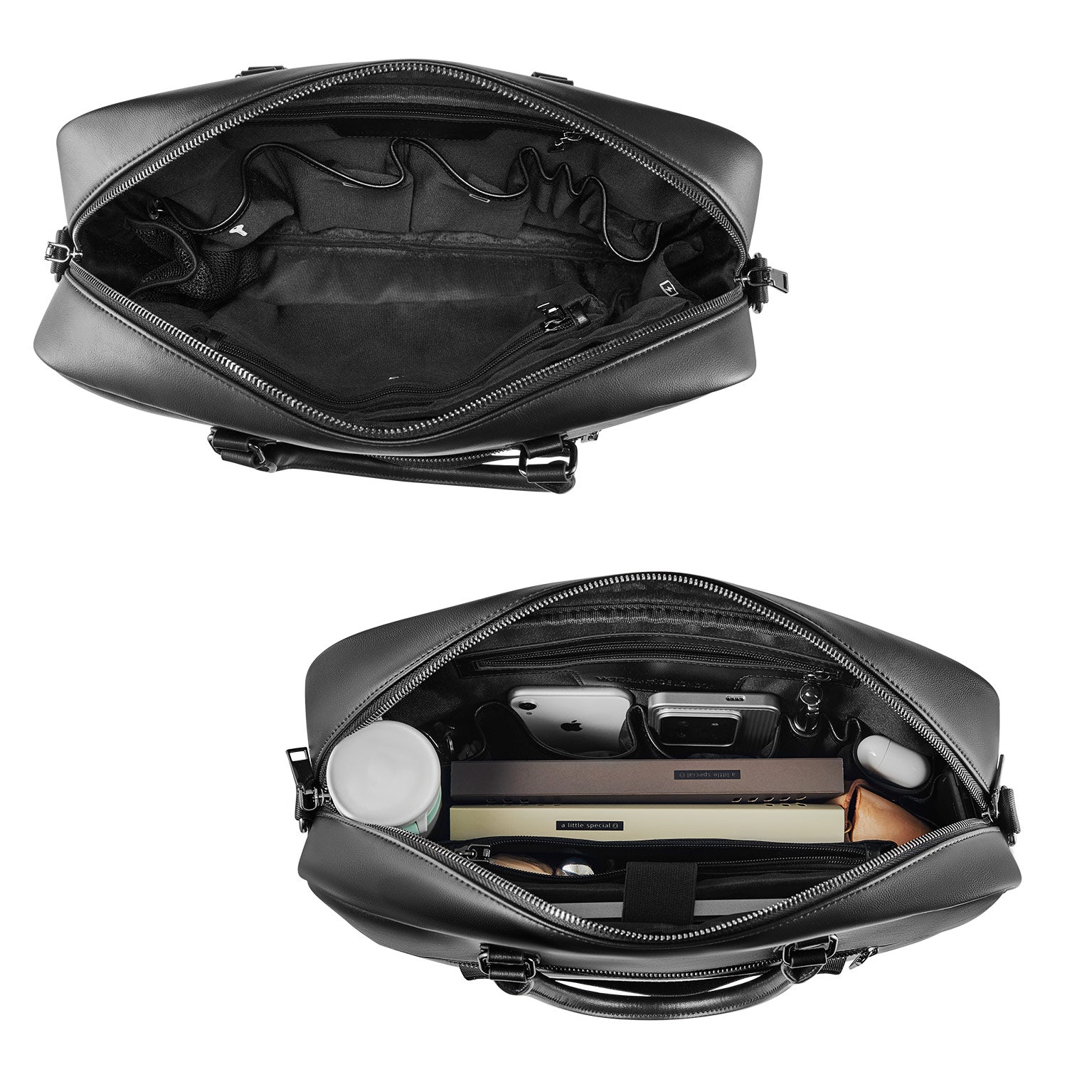 Victoria Hyde New Work Business Bag – elegant black briefcase with laptop compartment, microfiber leather look, organizer, and sustainable Shandong silk. Unisex carry/shoulder bag.