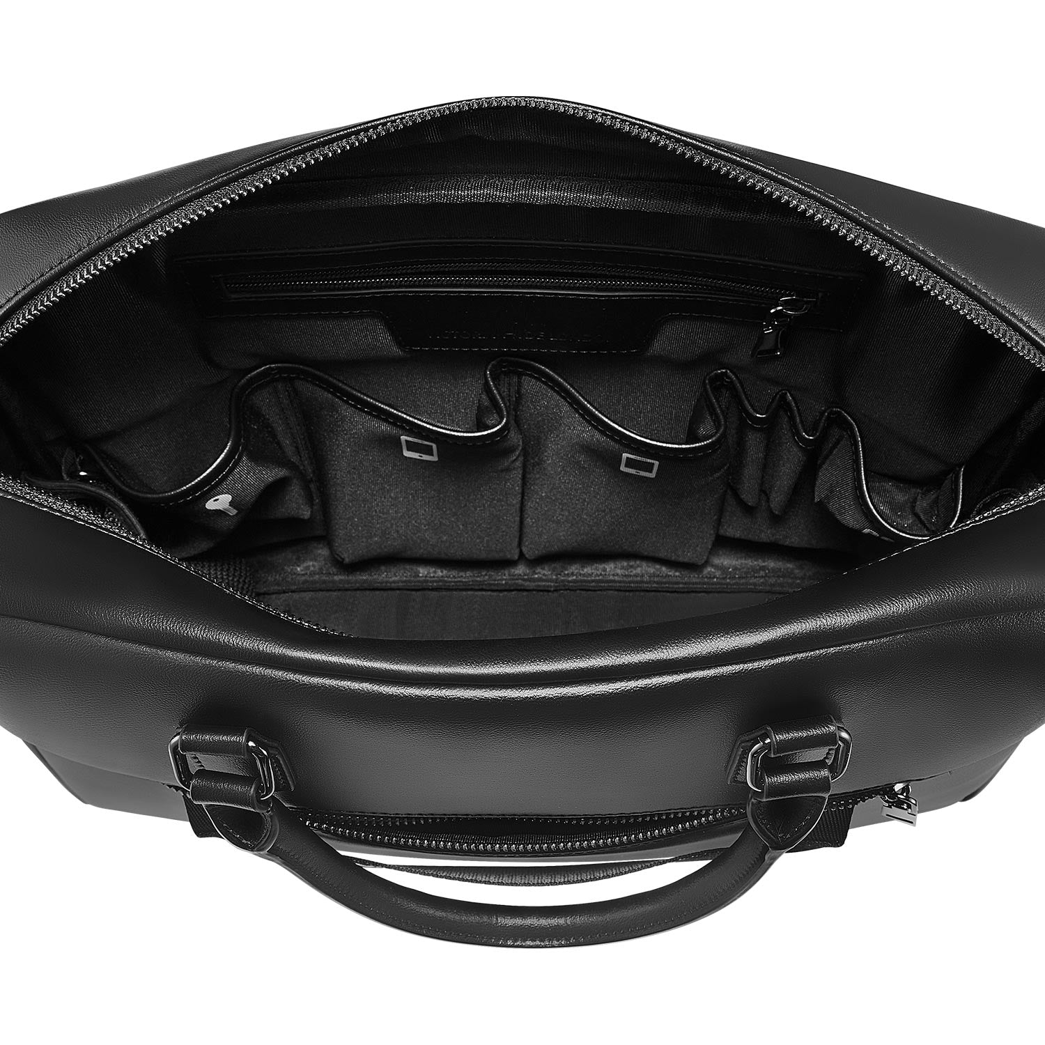 Victoria Hyde New Work Business Bag – elegant black briefcase with laptop compartment, microfiber leather look, organizer, and sustainable Shandong silk. Unisex carry/shoulder bag.
