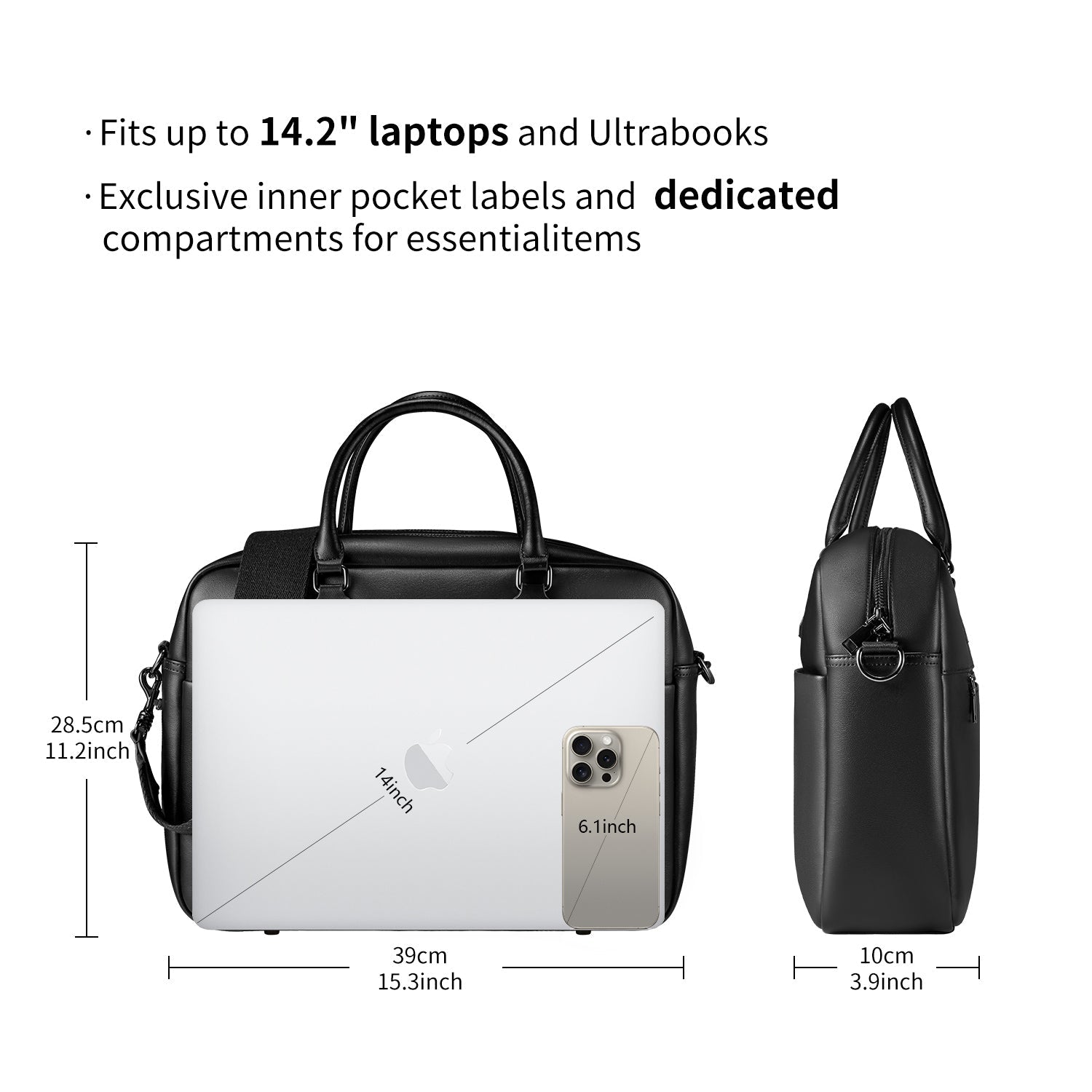 Victoria Hyde New Work Business Bag – elegant black briefcase with laptop compartment, microfiber leather look, organizer, and sustainable Shandong silk. Unisex carry/shoulder bag.