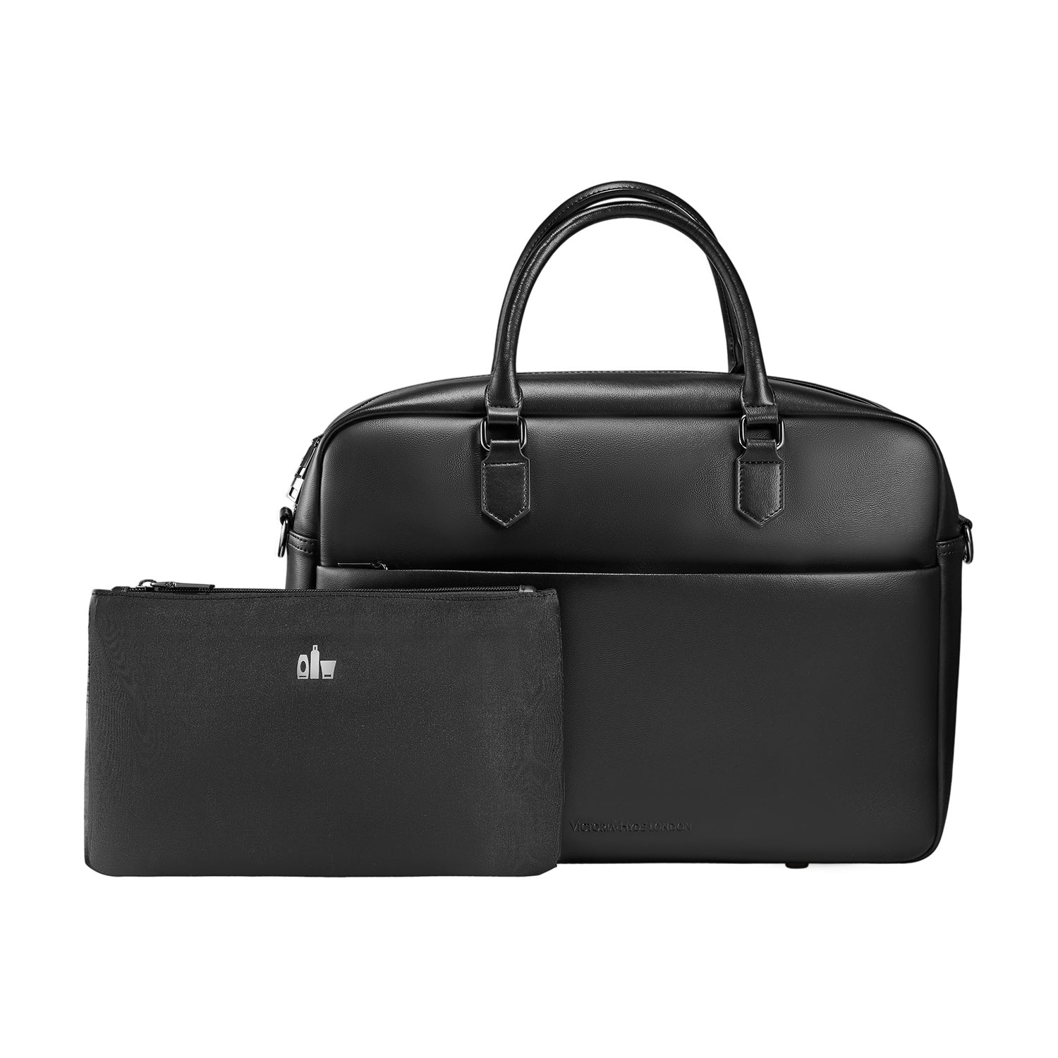 Victoria Hyde New Work Business Bag – elegant black briefcase with laptop compartment, microfiber leather look, organizer, and sustainable Shandong silk. Unisex carry/shoulder bag.