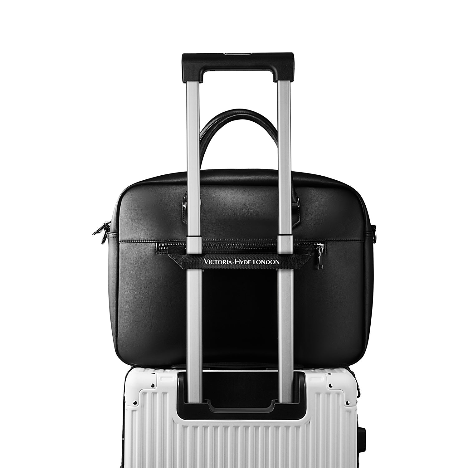 Victoria Hyde New Work Business Bag – elegant black briefcase with laptop compartment, microfiber leather look, organizer, and sustainable Shandong silk. Unisex carry/shoulder bag.