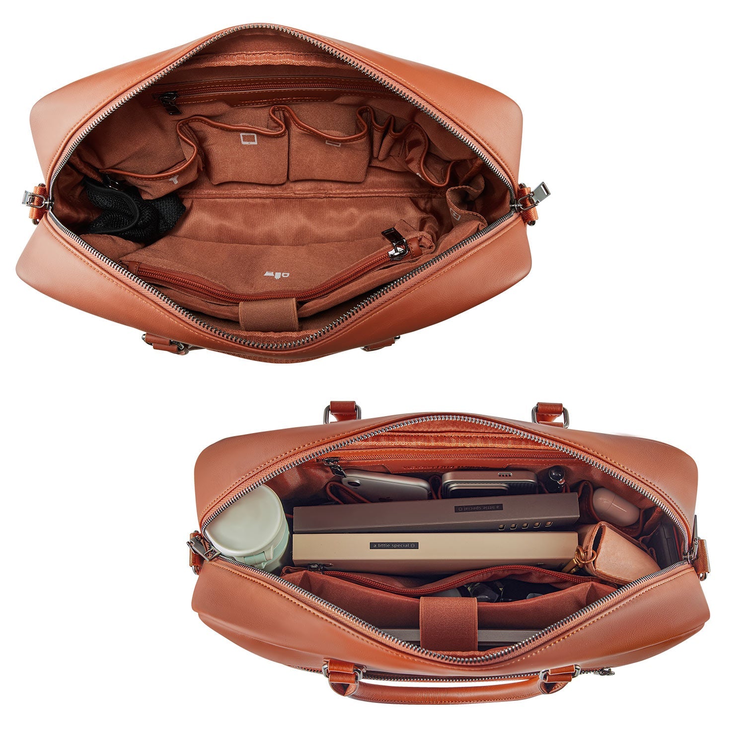 Victoria Hyde New Work Business Bag – elegant black briefcase with laptop compartment, microfiber leather look, sustainable Shandong silk, and built-in organizer.