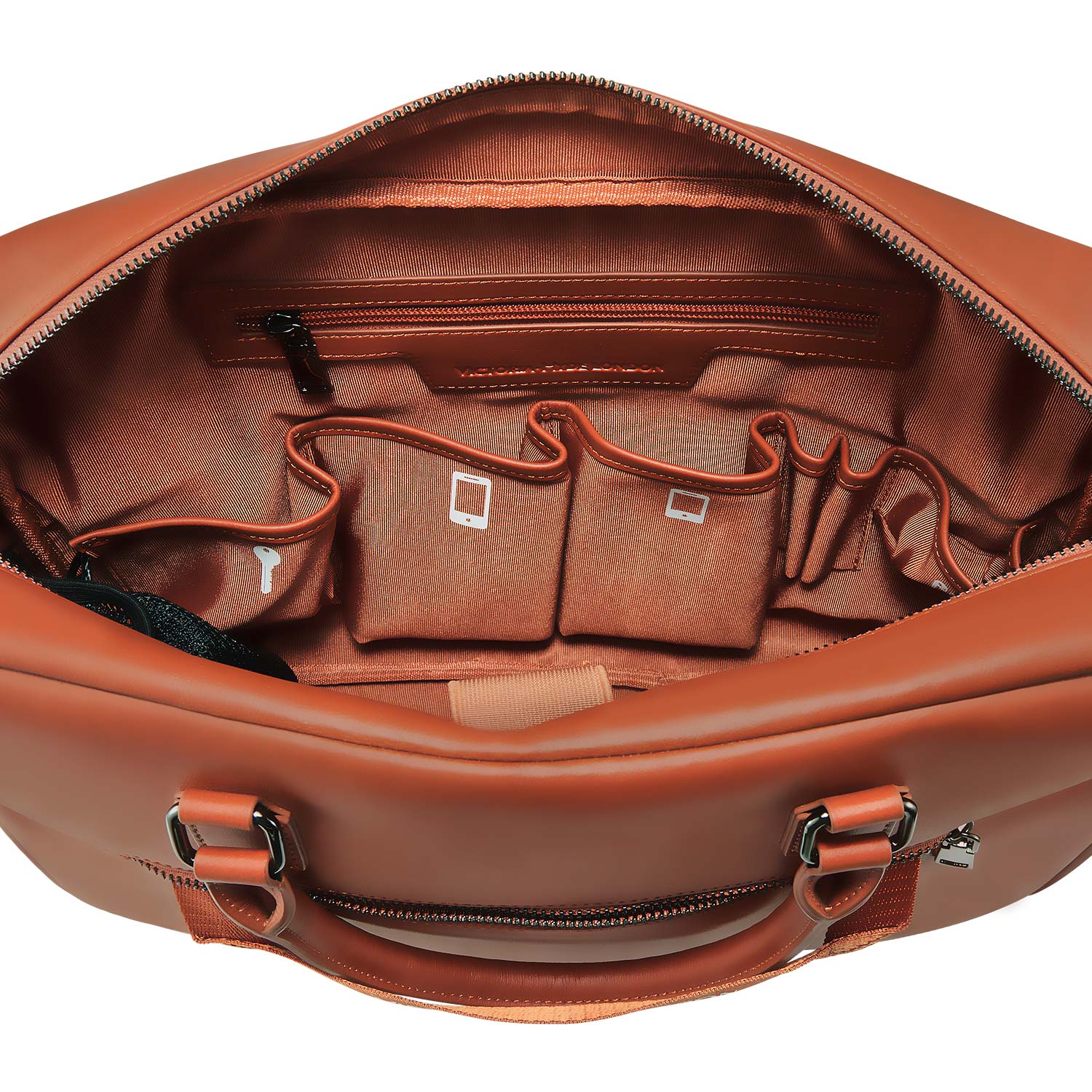 Victoria Hyde New Work Business Bag – elegant black briefcase with laptop compartment, microfiber leather look, sustainable Shandong silk, and built-in organizer.