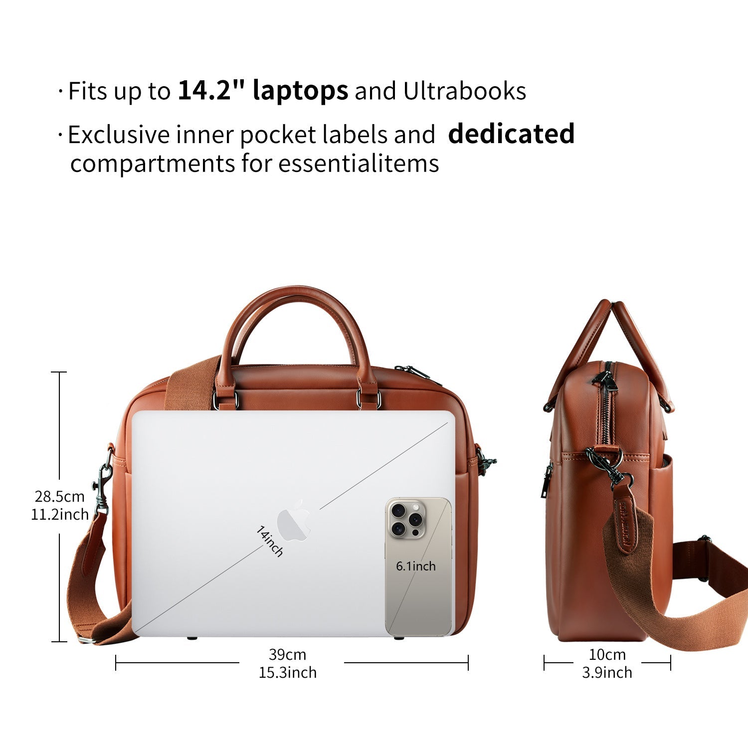Victoria Hyde New Work Business Bag – elegant black briefcase with laptop compartment, microfiber leather look, sustainable Shandong silk, and built-in organizer.