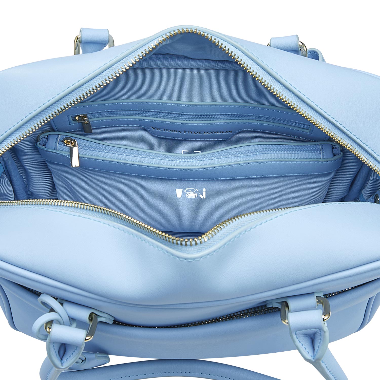 Victoria Hyde Margaret Small light blue work bag with tablet compartment, vegan microfiber leather, water-repellent, removable cosmetic pouch, smart organizer – perfect for professional women.