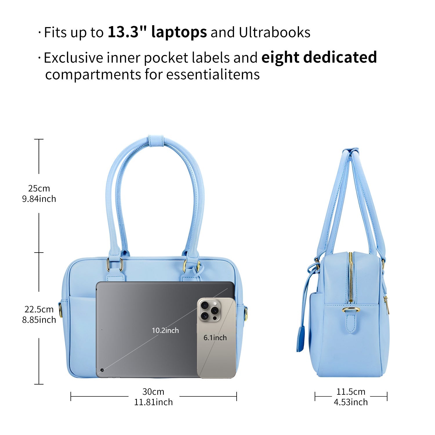 Victoria Hyde Margaret Small light blue work bag with tablet compartment, vegan microfiber leather, water-repellent, removable cosmetic pouch, smart organizer – perfect for professional women.