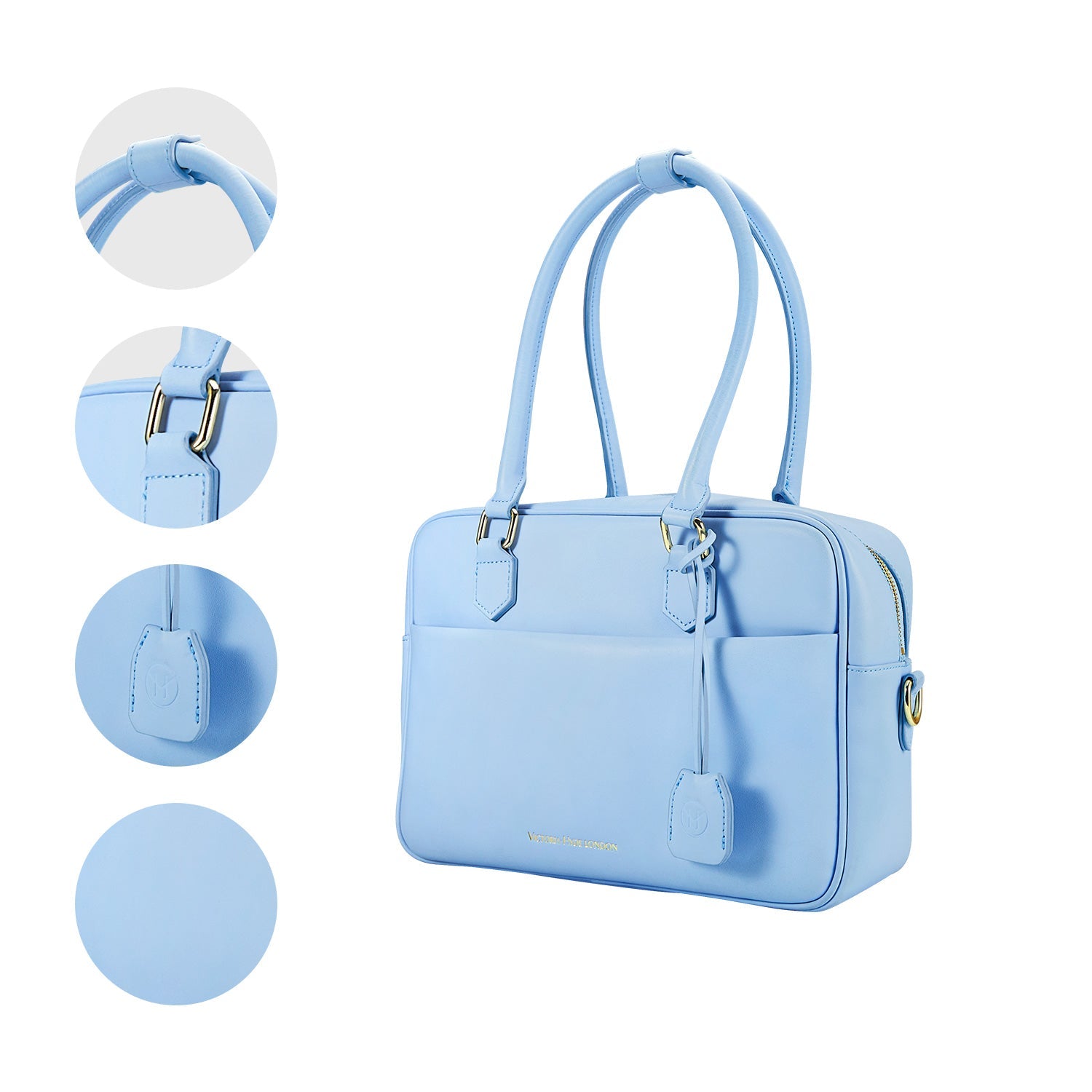 Victoria Hyde Margaret Small light blue work bag with tablet compartment, vegan microfiber leather, water-repellent, removable cosmetic pouch, smart organizer – perfect for professional women.