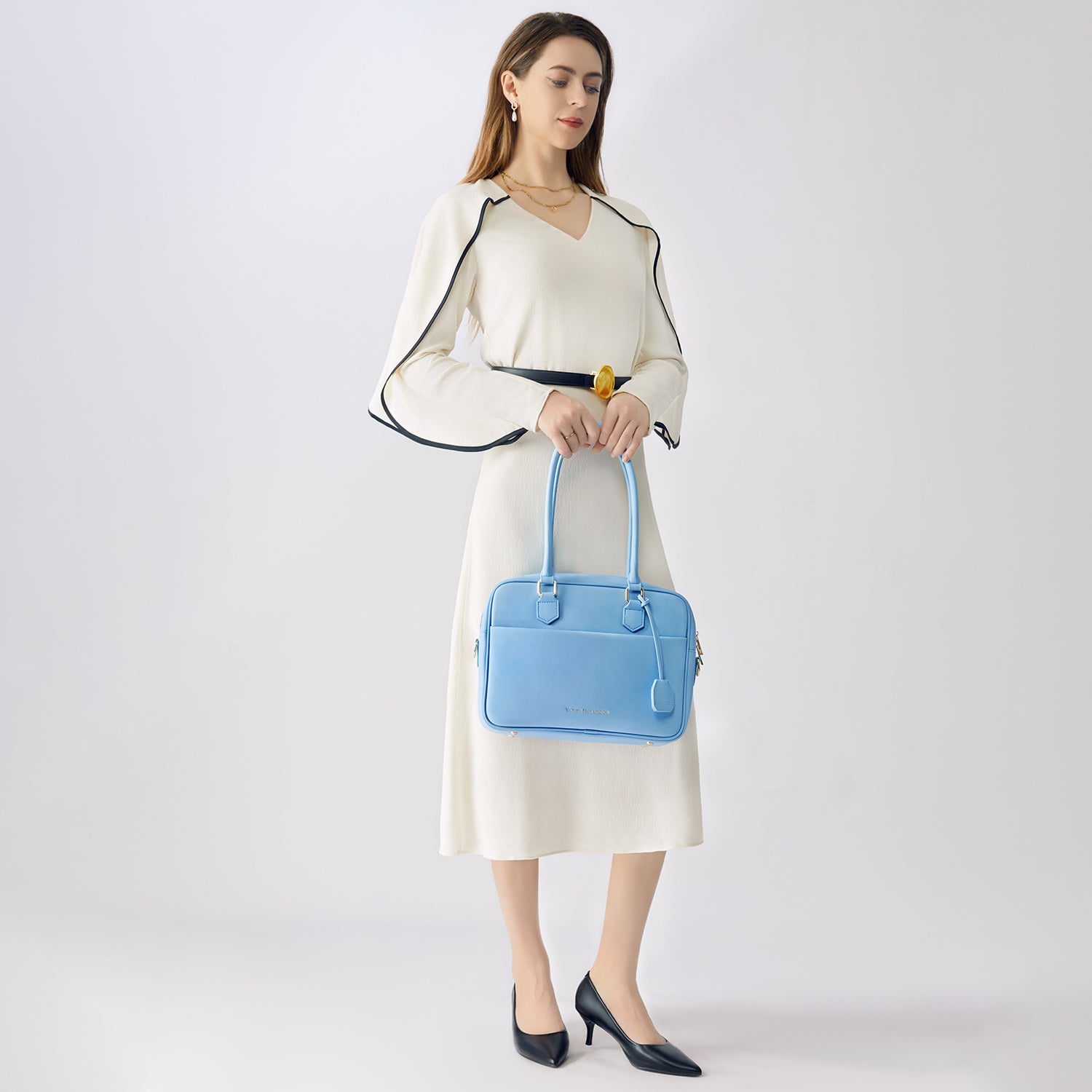 Victoria Hyde Margaret Small light blue work bag with tablet compartment, vegan microfiber leather, water-repellent, removable cosmetic pouch, smart organizer – perfect for professional women.