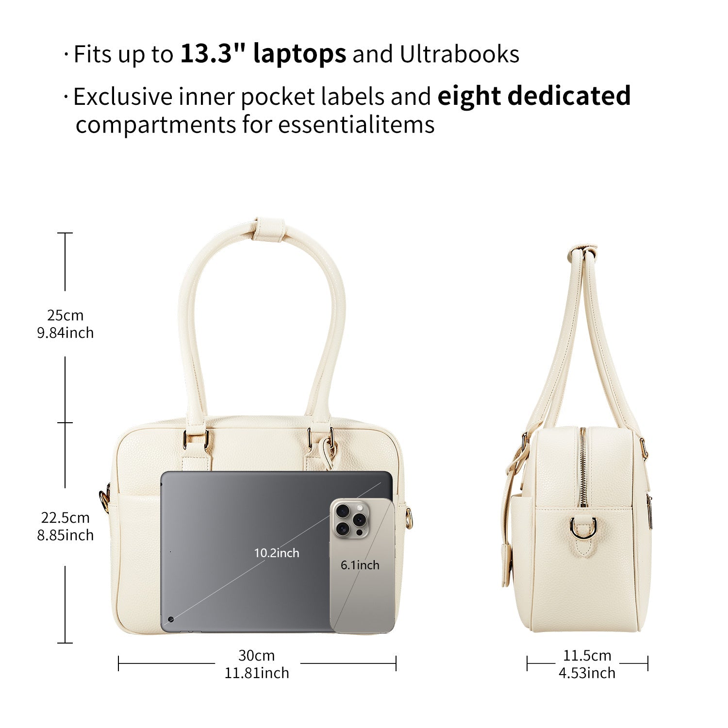 Elegant Victoria Hyde Margaret Small work bag in Moon White, with tablet compartment, vegan microfiber leather, and smart organizer for professional women.
