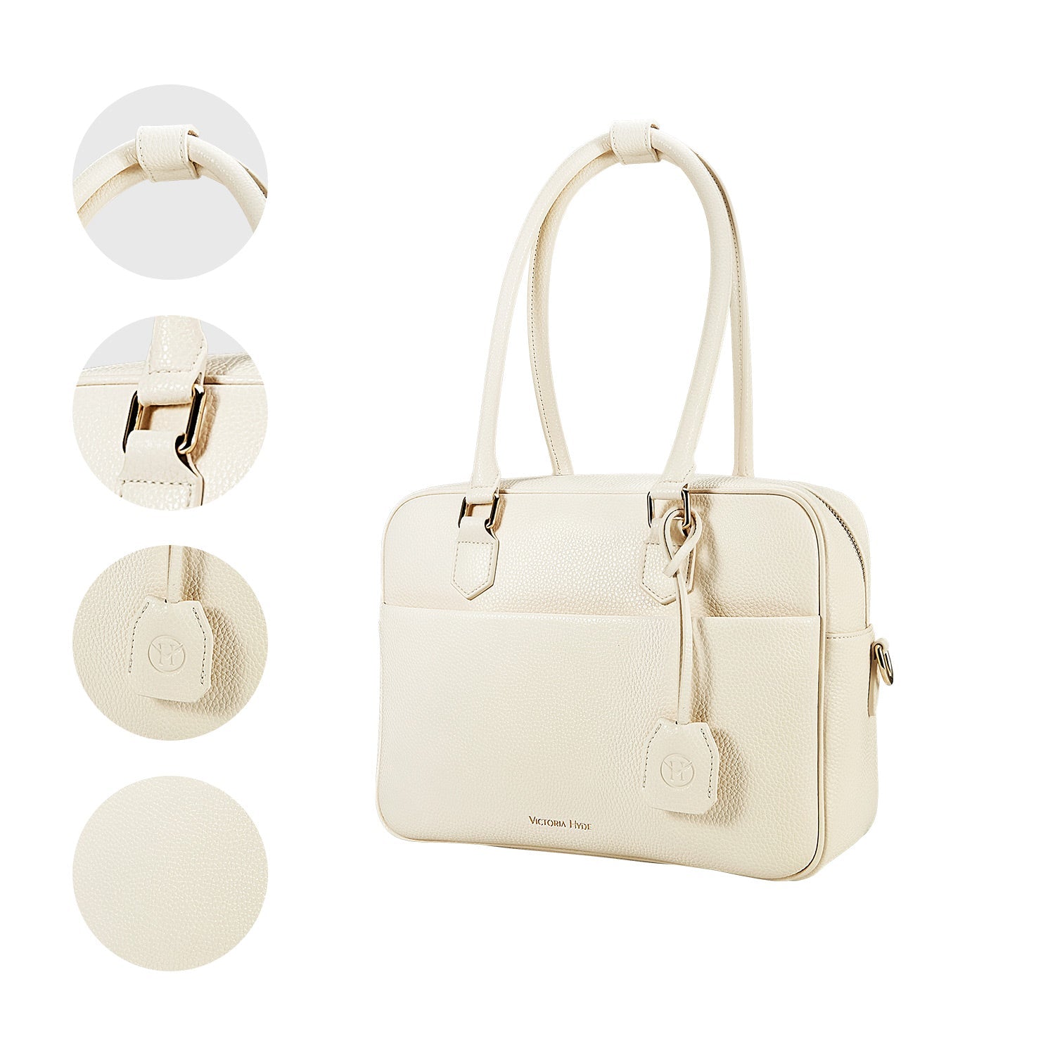 Elegant Victoria Hyde Margaret Small work bag in Moon White, with tablet compartment, vegan microfiber leather, and smart organizer for professional women.