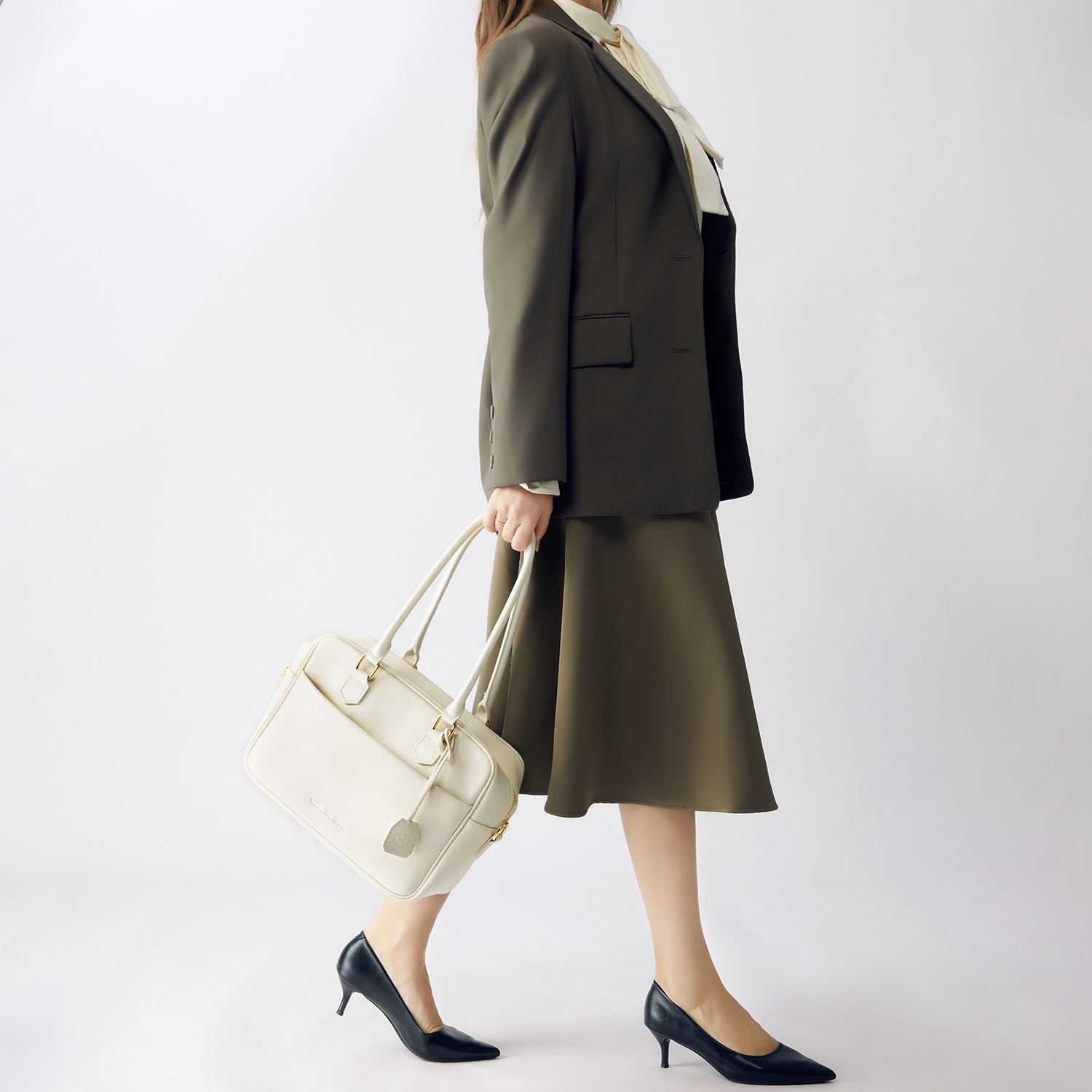 Elegant Victoria Hyde Margaret Small work bag in Moon White, with tablet compartment, vegan microfiber leather, and smart organizer for professional women.