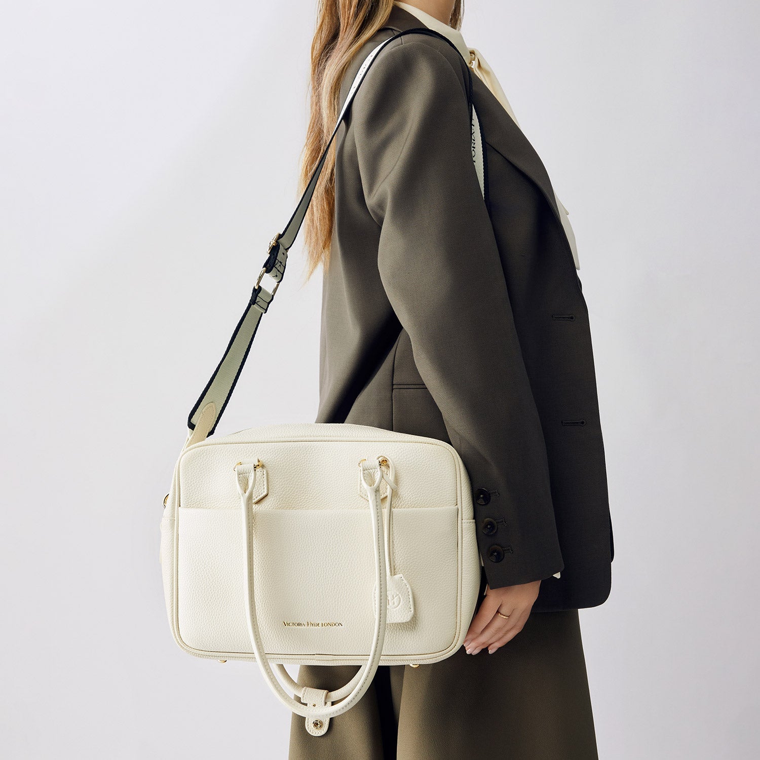 Elegant Victoria Hyde Margaret Small work bag in Moon White, with tablet compartment, vegan microfiber leather, and smart organizer for professional women.