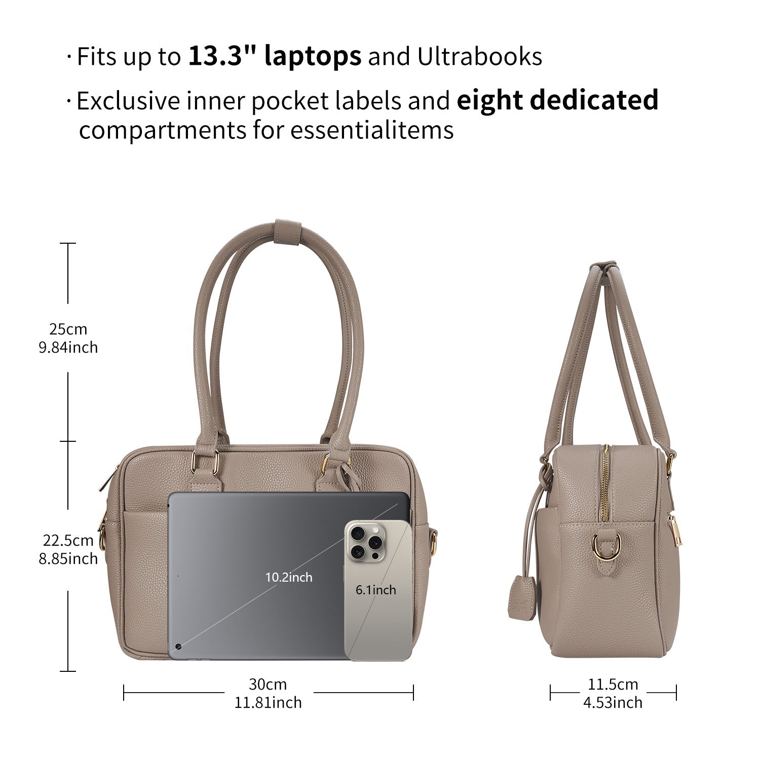 Victoria Hyde Margaret Small new work bag in beige, elegant vegan microfiber leather with tablet compartment for up to 12.9", water-repellent, scratch-resistant, perfect for professionals on the go.