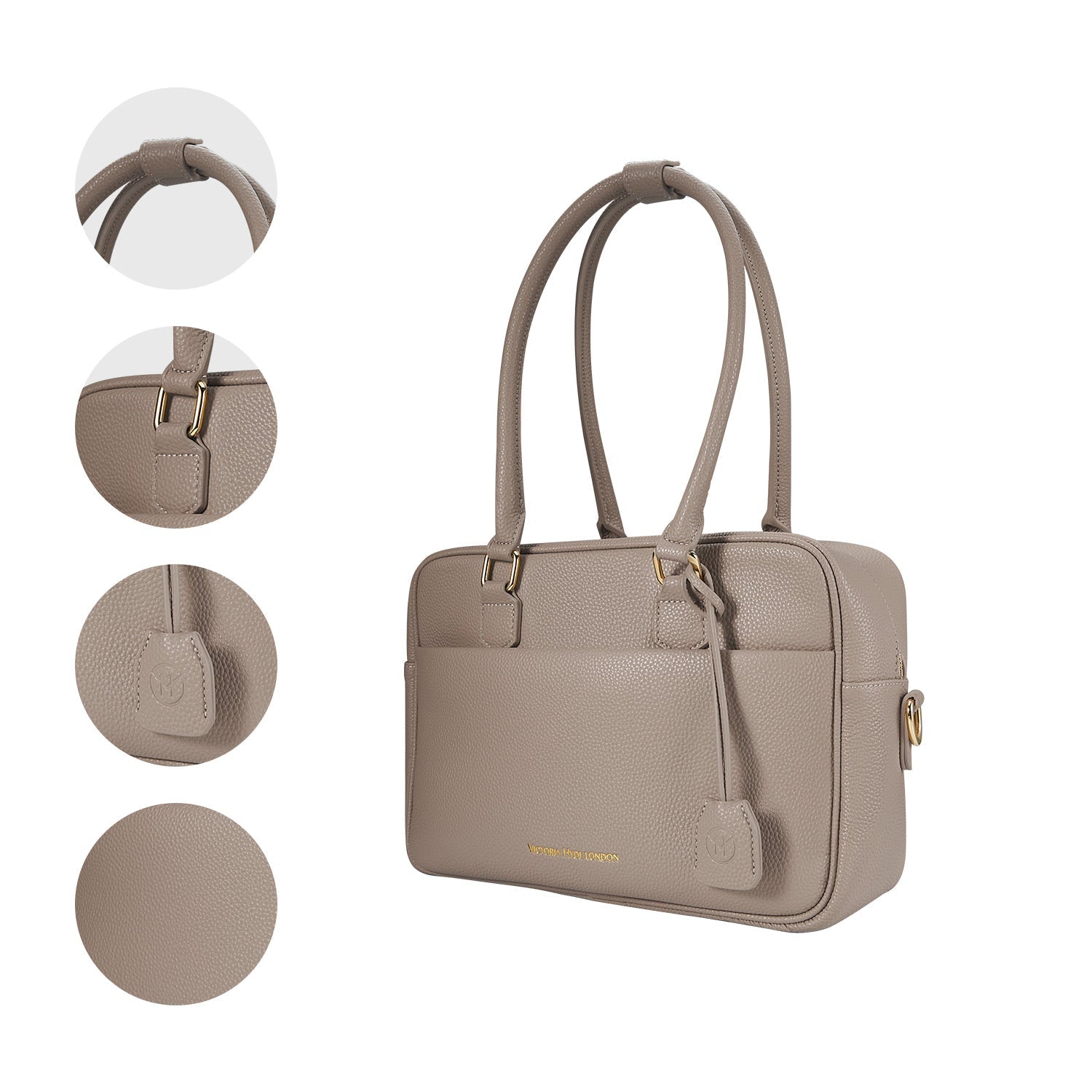 Victoria Hyde Margaret Small new work bag in beige, elegant vegan microfiber leather with tablet compartment for up to 12.9", water-repellent, scratch-resistant, perfect for professionals on the go.
