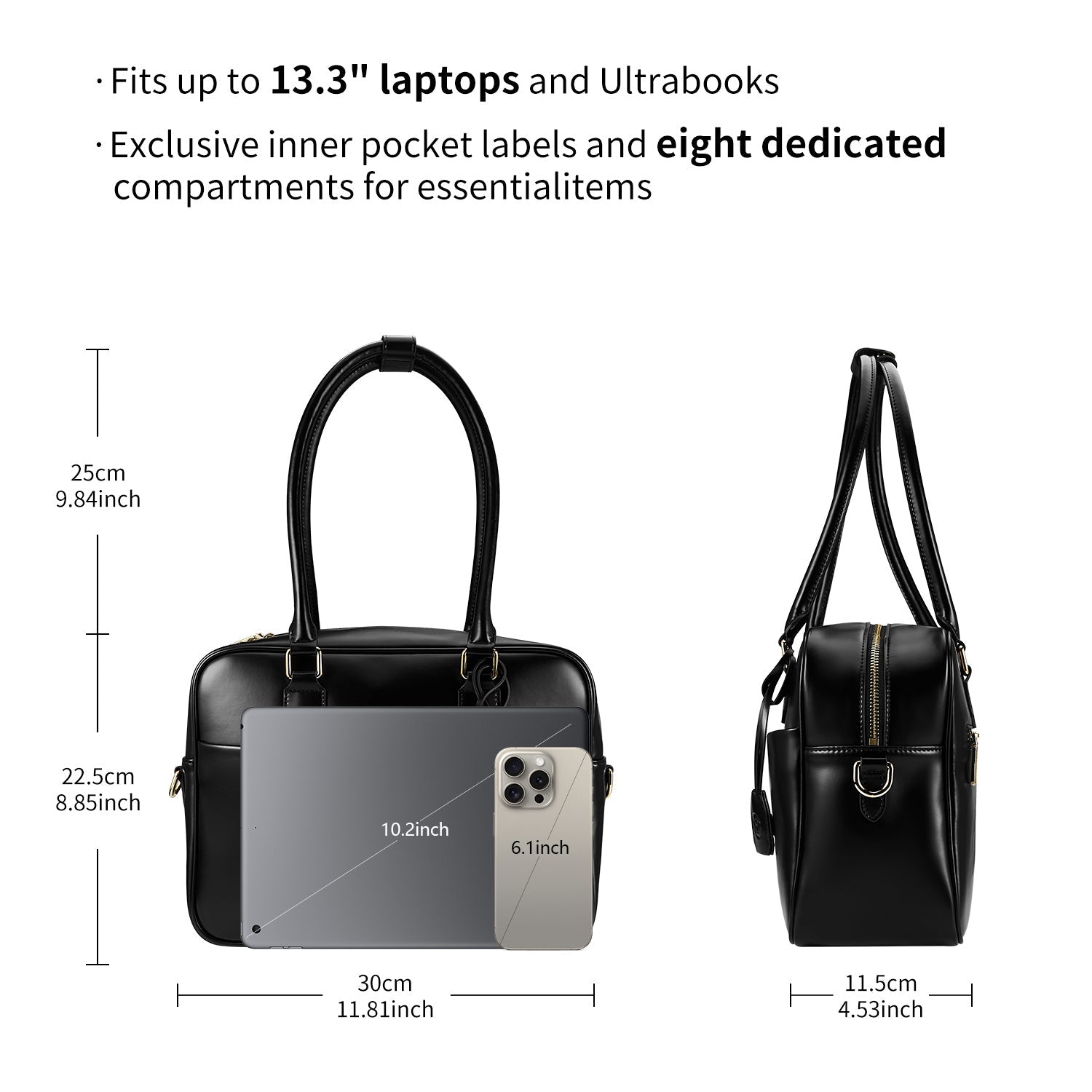 Victoria Hyde Margaret Small black work bag – timeless vegan briefcase with tablet compartment, smart organizer, removable cosmetic pouch, water-repellent. Perfect for professional women.