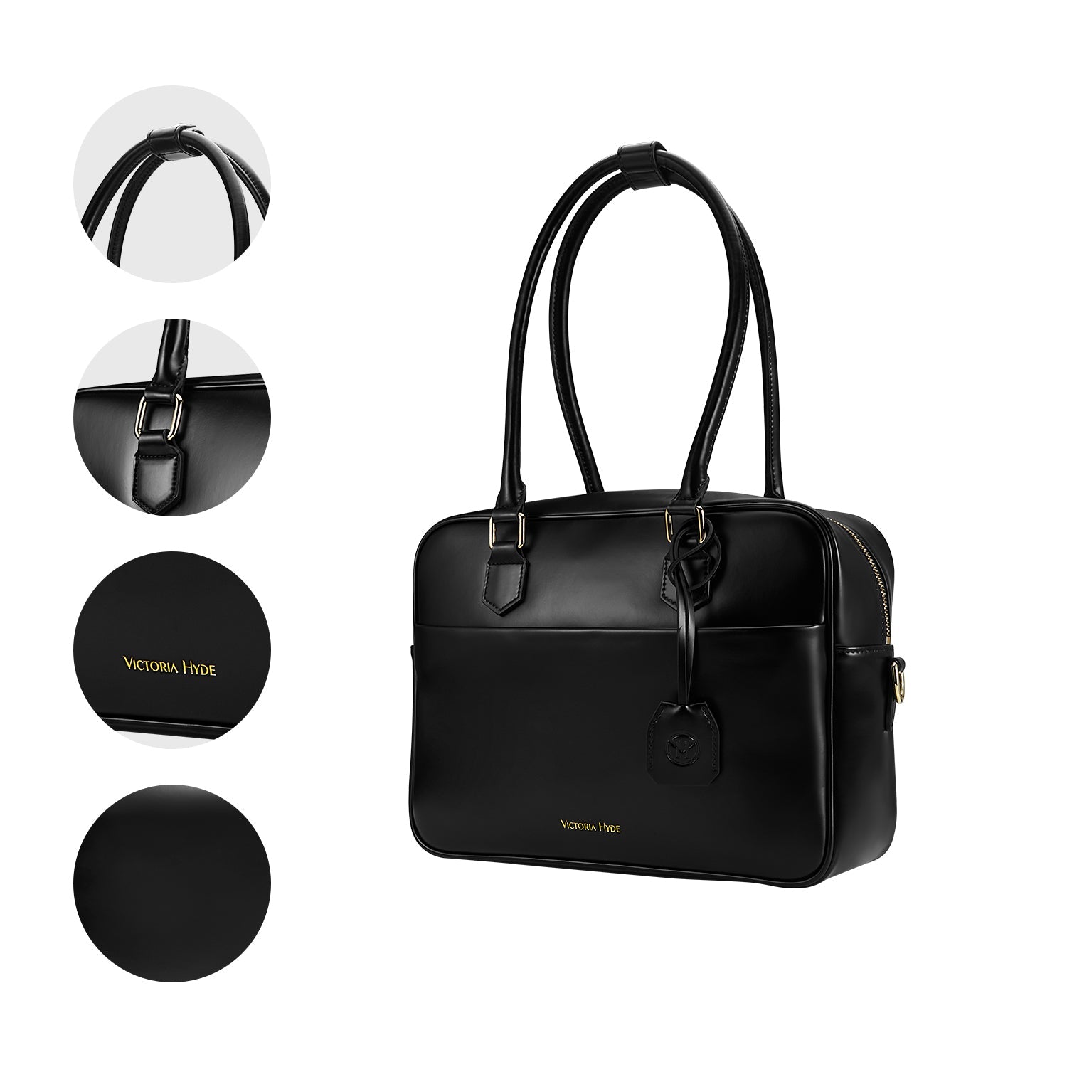 Victoria Hyde Margaret Small black work bag – timeless vegan briefcase with tablet compartment, smart organizer, removable cosmetic pouch, water-repellent. Perfect for professional women.
