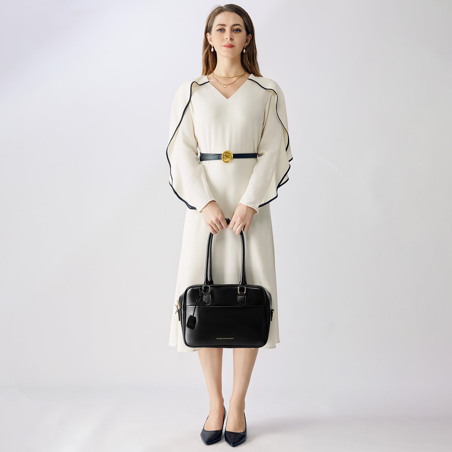 Victoria Hyde Margaret Small black work bag – timeless vegan briefcase with tablet compartment, smart organizer, removable cosmetic pouch, water-repellent. Perfect for professional women.