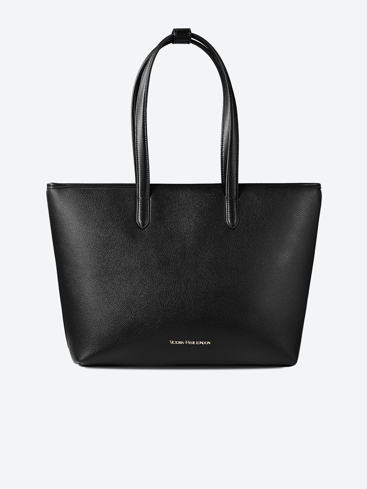 Black Yoana Large work bag by Victoria Hyde. Vegan microfiber leather, Shandong silk lining, padded 15" laptop compartment, removable cosmetic bag, water-repellent. Ideal for commuters.