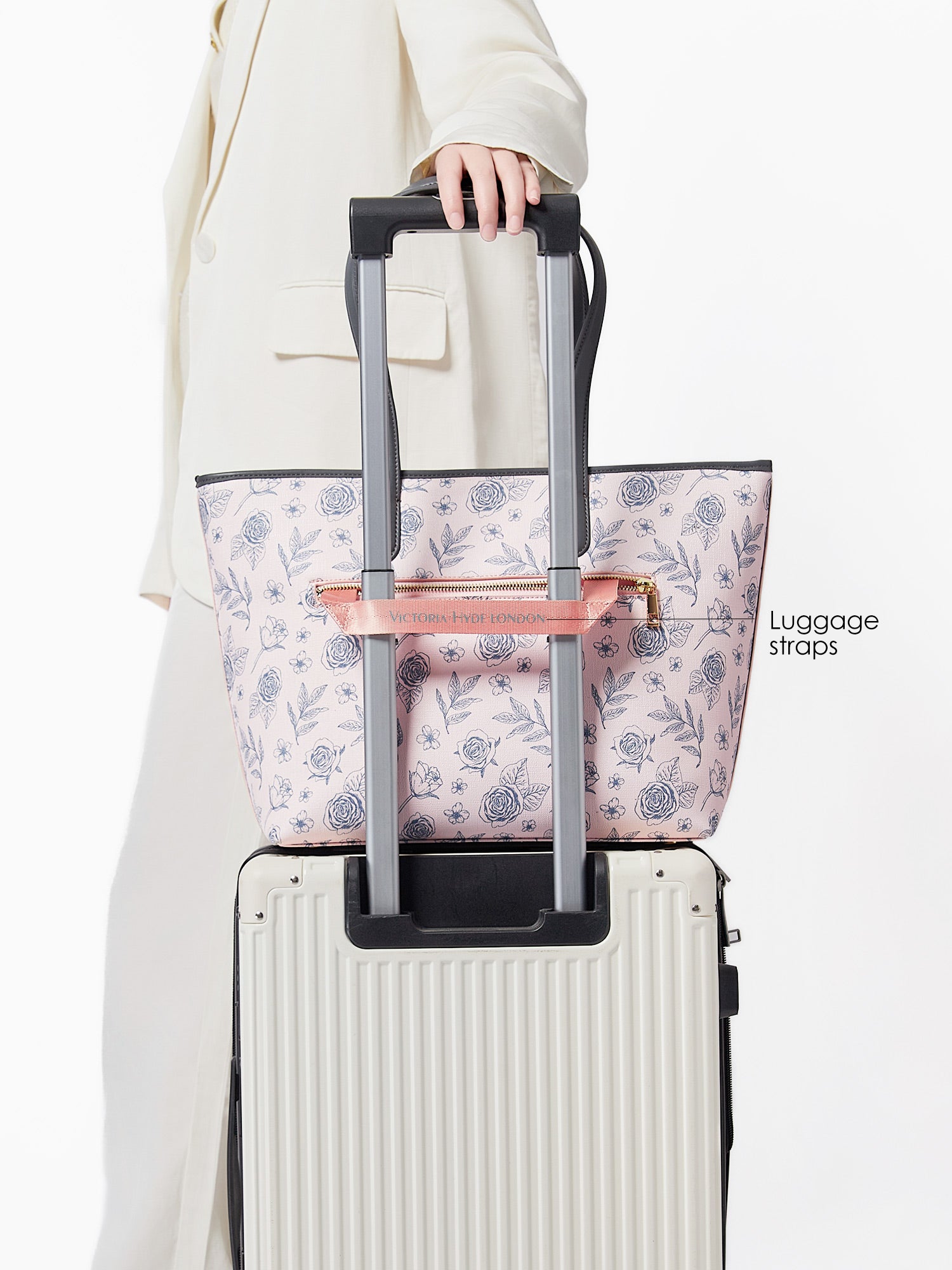Pink Victoria Hyde Yoana Large work bag with laptop compartment, removable cosmetic pouch, vegan microfiber leather, and Shandong silk lining. Perfect for commuters.
