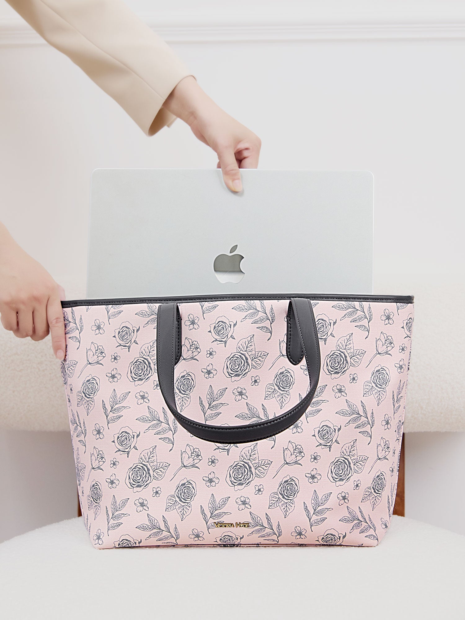 Pink Victoria Hyde Yoana Large work bag with laptop compartment, removable cosmetic pouch, vegan microfiber leather, and Shandong silk lining. Perfect for commuters.