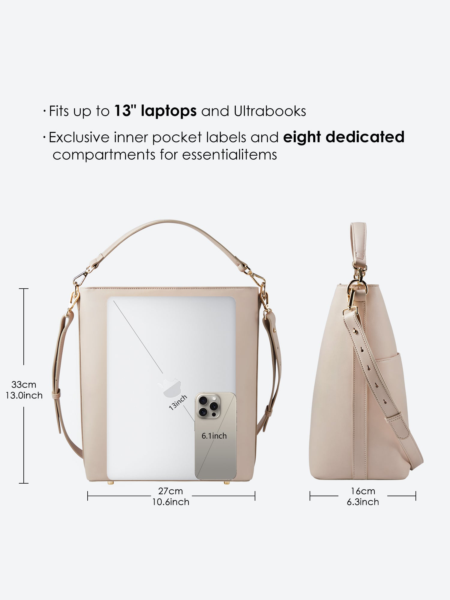 Victoria Hyde Kloey Large work bag in Moon White. Minimalist vegan leather tote with laptop compartment, water-repellent, scratch-resistant. Perfect for professional women.