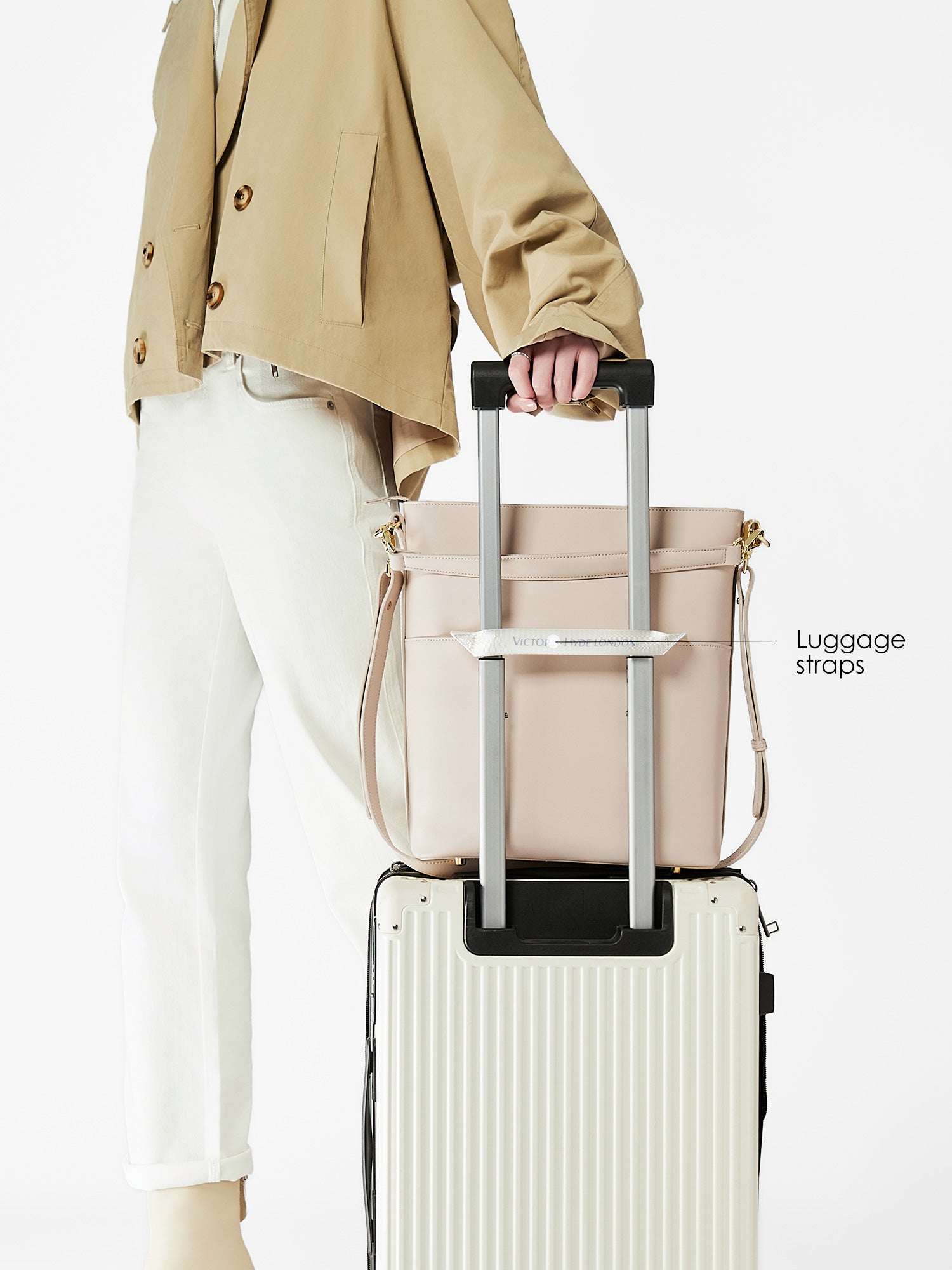 Victoria Hyde Kloey Large work bag in Moon White. Minimalist vegan leather tote with laptop compartment, water-repellent, scratch-resistant. Perfect for professional women.