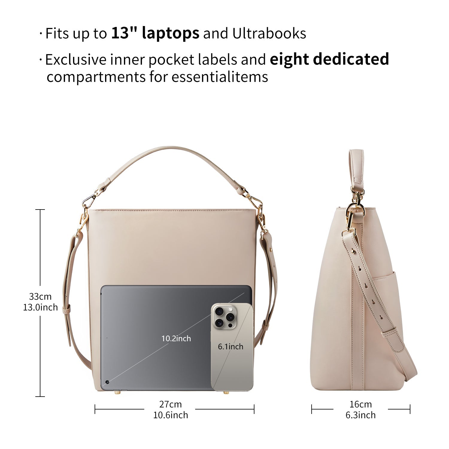 Victoria Hyde Kloey Large work bag in Moon White. Minimalist vegan leather tote with laptop compartment, water-repellent, scratch-resistant. Perfect for professional women.