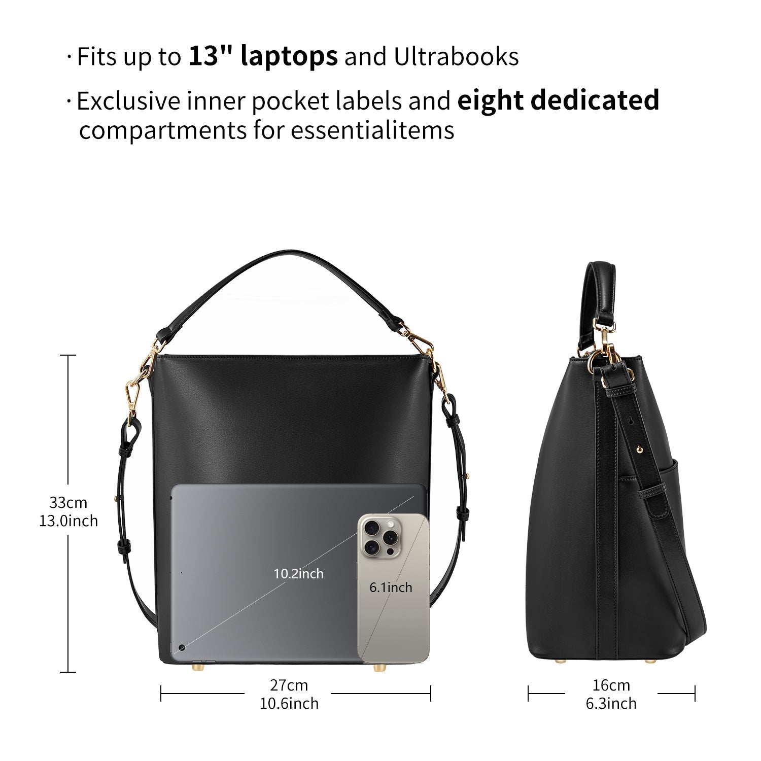 Minimalist black work bag Kloey Large by Victoria Hyde. Vegan, water-repellent, fits 13" laptop. Elegant daily essential for power women.