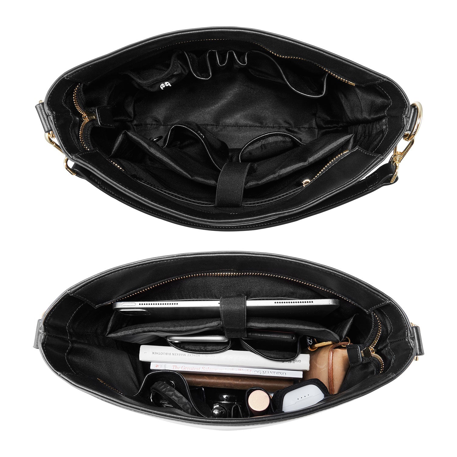 Minimalist black work bag Kloey Large by Victoria Hyde. Vegan, water-repellent, fits 13" laptop. Elegant daily essential for power women.