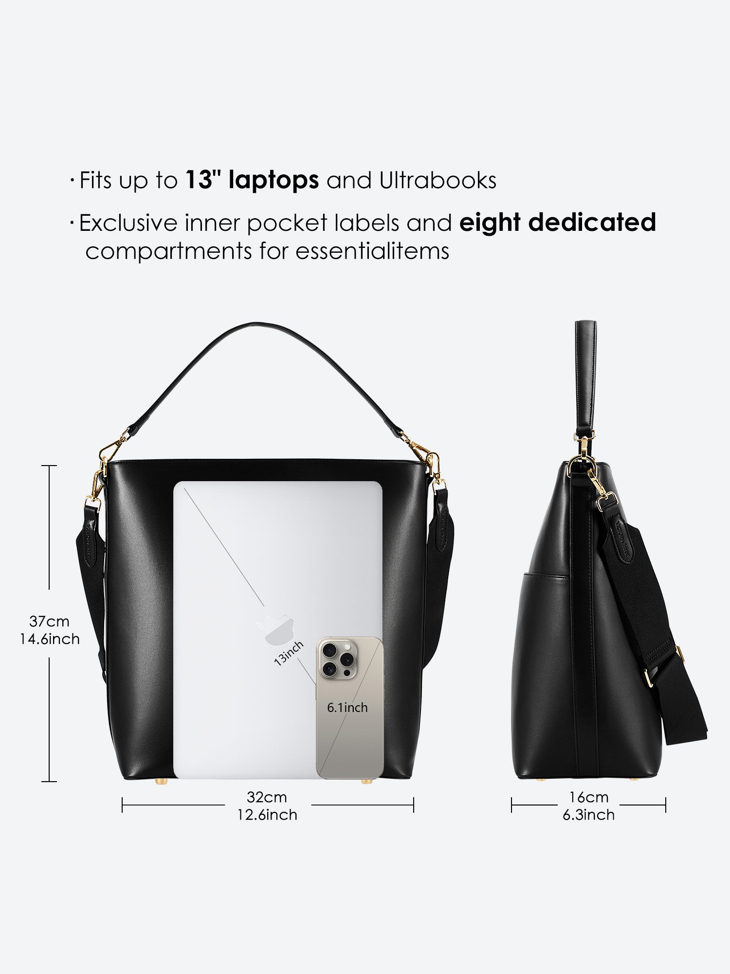 Minimalist black work bag Kloey Large by Victoria Hyde. Vegan, water-repellent, fits 13" laptop. Elegant daily essential for power women.