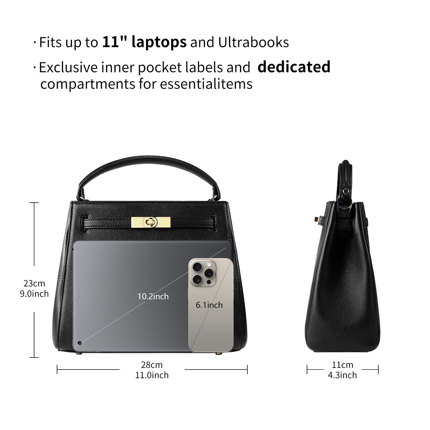 Victoria Hyde Victoria III crossbody work bag with 12.9" tablet compartment, PU leather, smart organizer compartments, elegant gold hardware.