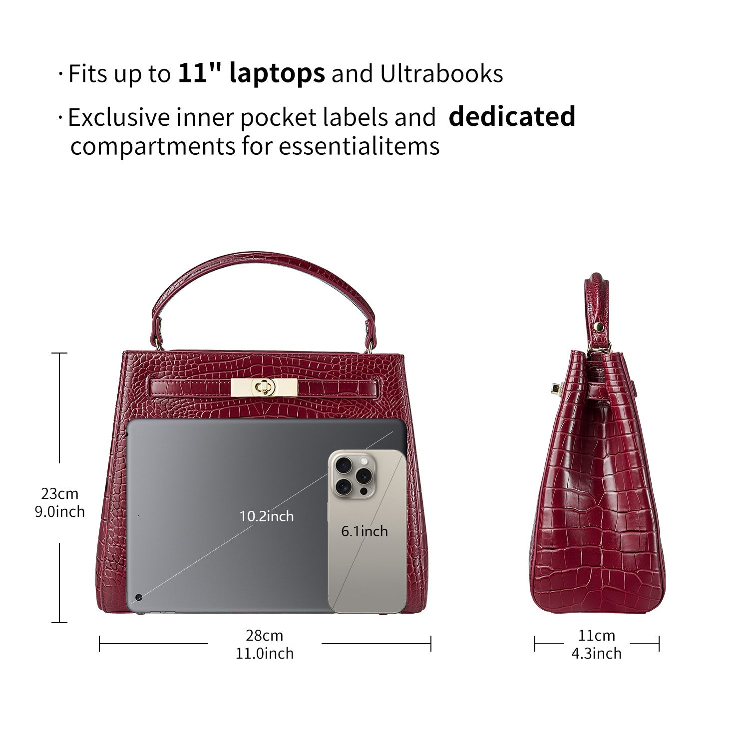Victoria Hyde Victoria III crossbody work bag: trapezoidal PU leather, gold hardware, fits 12.9" tablet, multiple pockets. Ideal for commuting women.