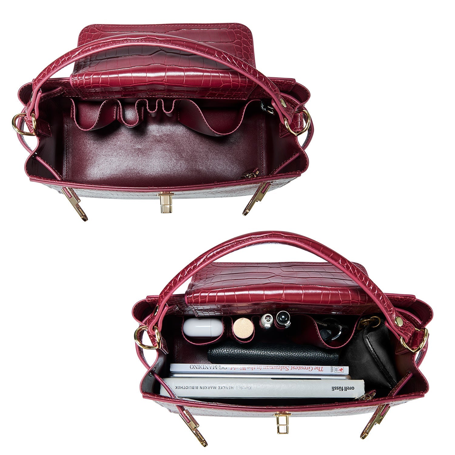 Victoria Hyde Victoria III crossbody work bag: trapezoidal PU leather, gold hardware, fits 12.9" tablet, multiple pockets. Ideal for commuting women.