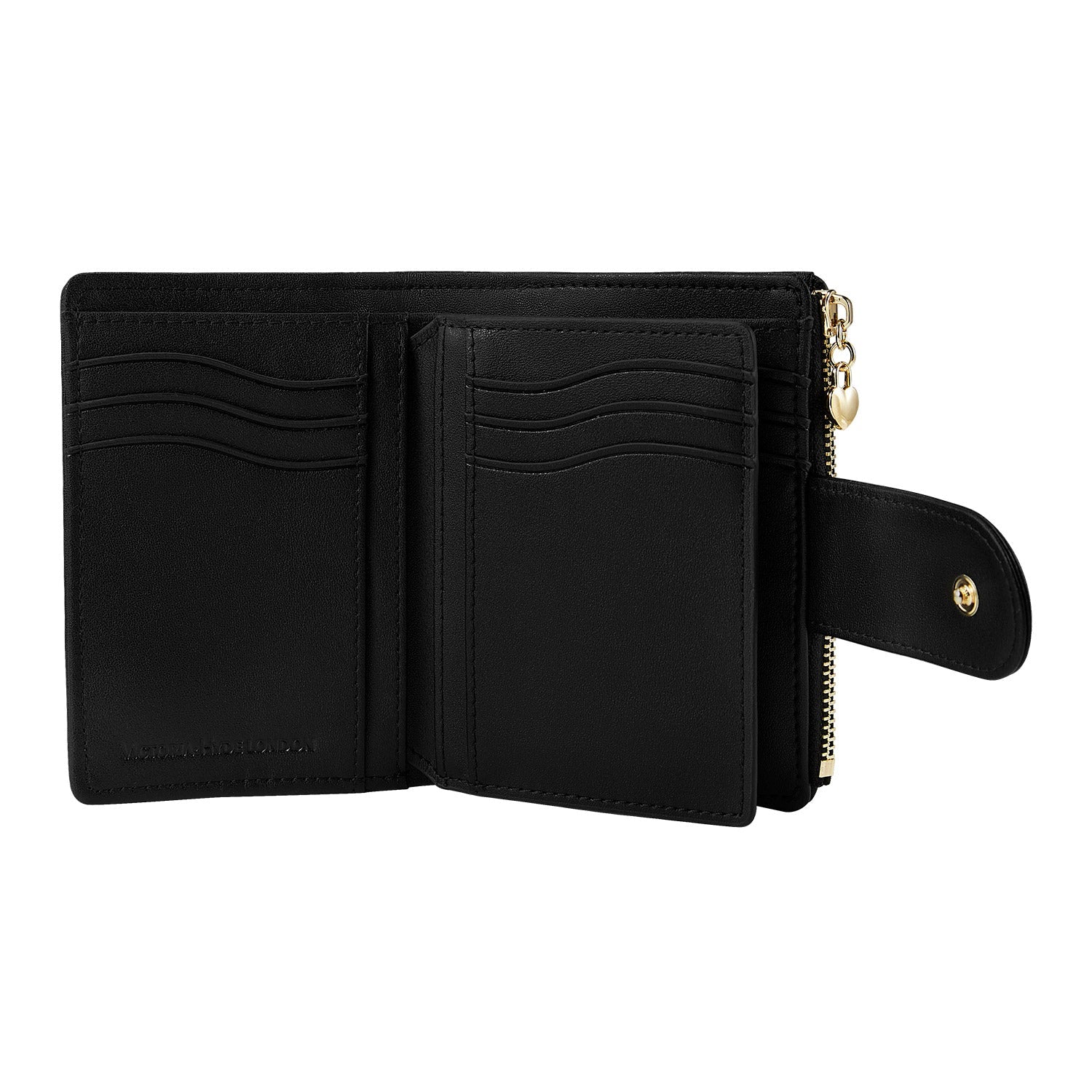Victoria Hyde Rosi black genuine leather wallet, multifunctional design with 19 card slots, side bill compartment, and zippered coin pocket.
