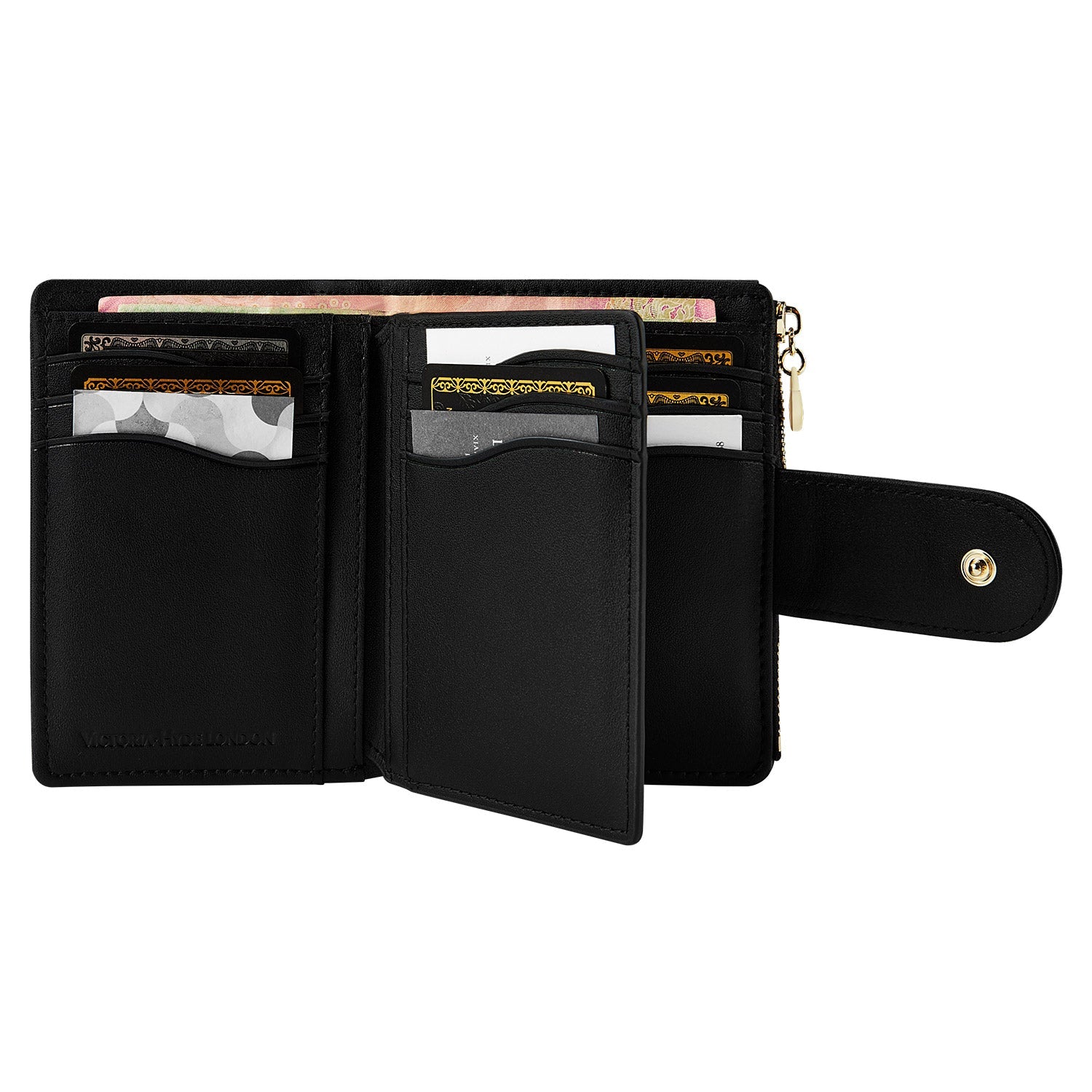 Victoria Hyde Rosi black genuine leather wallet, multifunctional design with 19 card slots, side bill compartment, and zippered coin pocket.