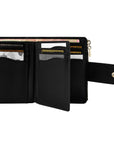 Victoria Hyde Rosi black genuine leather wallet, multifunctional design with 19 card slots, side bill compartment, and zippered coin pocket.