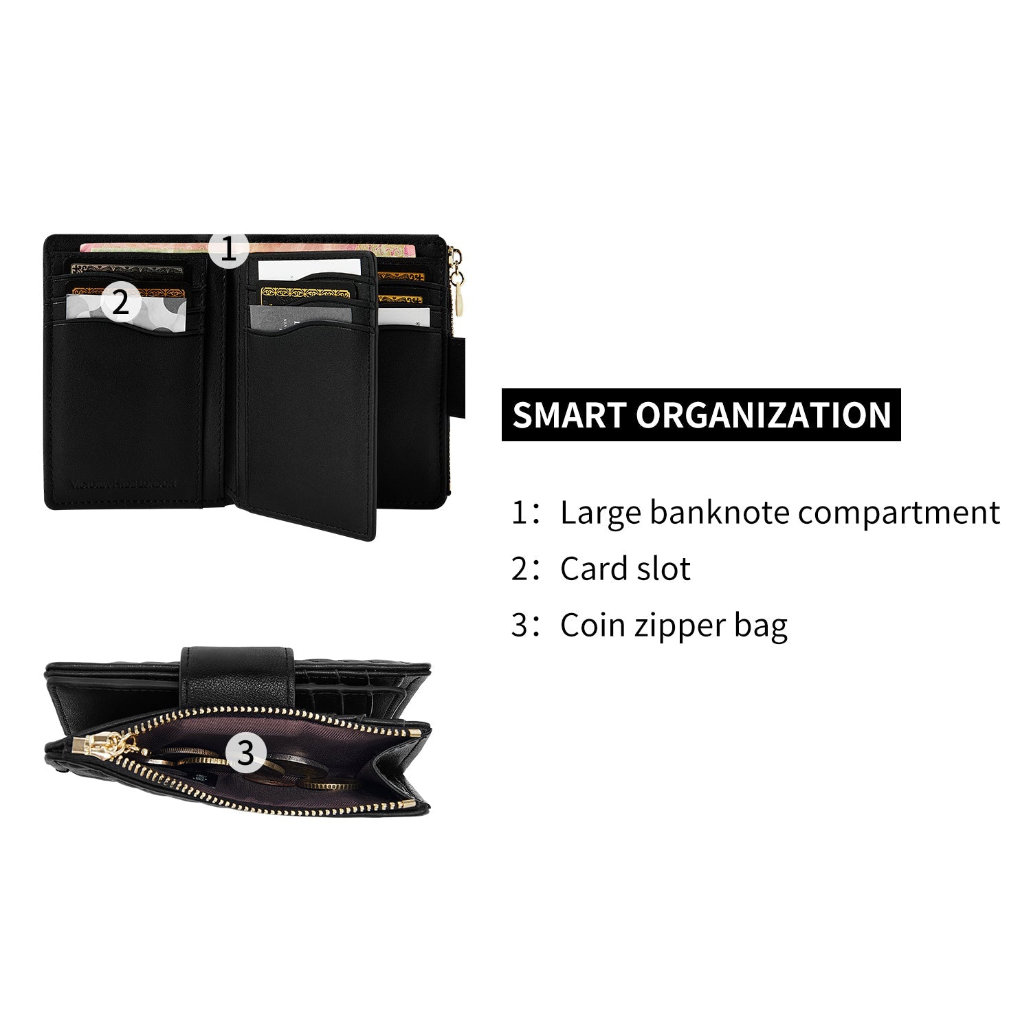 Victoria Hyde Rosi black genuine leather wallet, multifunctional design with 19 card slots, side bill compartment, and zippered coin pocket.