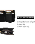 Victoria Hyde Rosi black genuine leather wallet, multifunctional design with 19 card slots, side bill compartment, and zippered coin pocket.