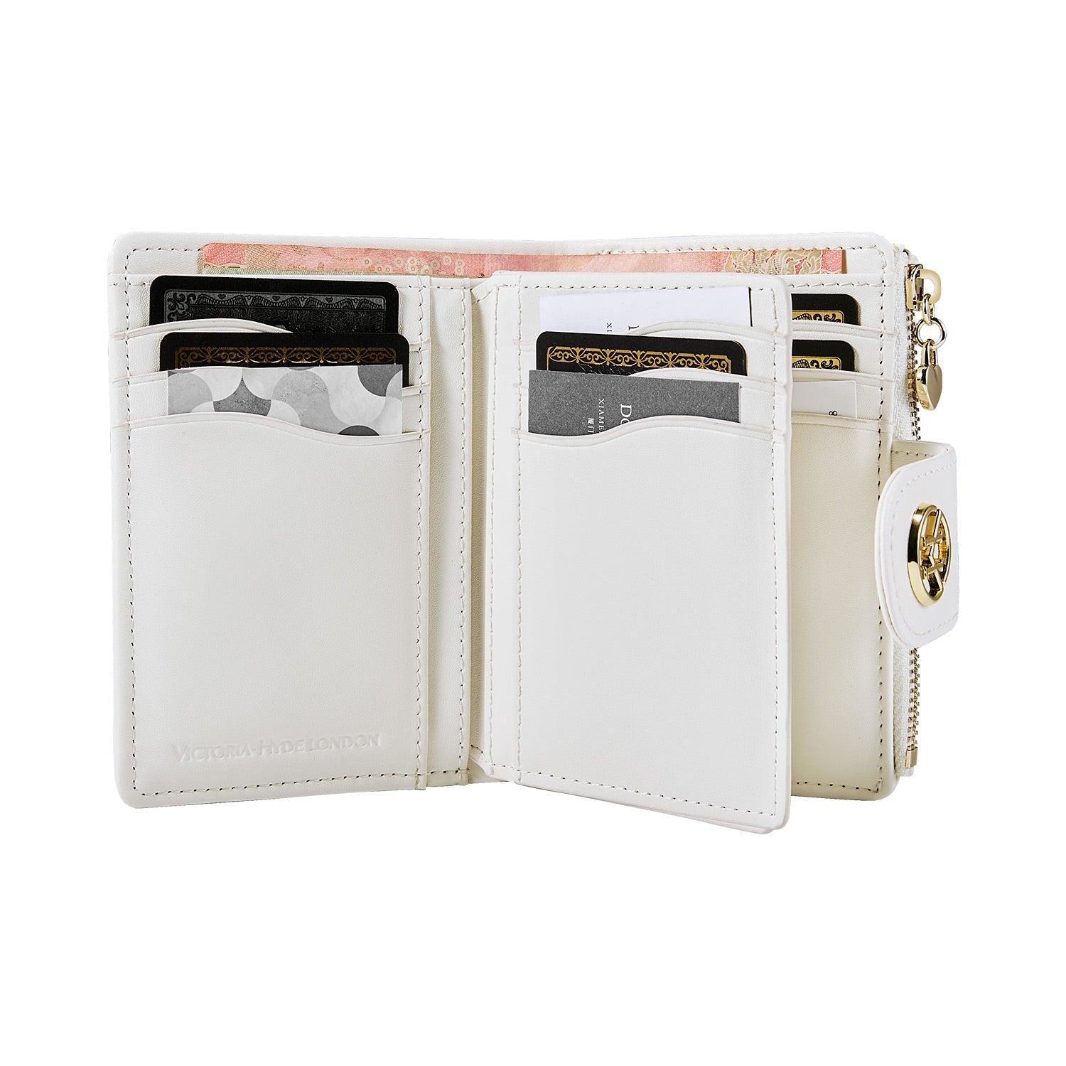 Victoria Hyde Rosi milk-white genuine leather wallet with 23 card slots, bill compartment, and zippered coin pocket. Multifunctional and elegant.