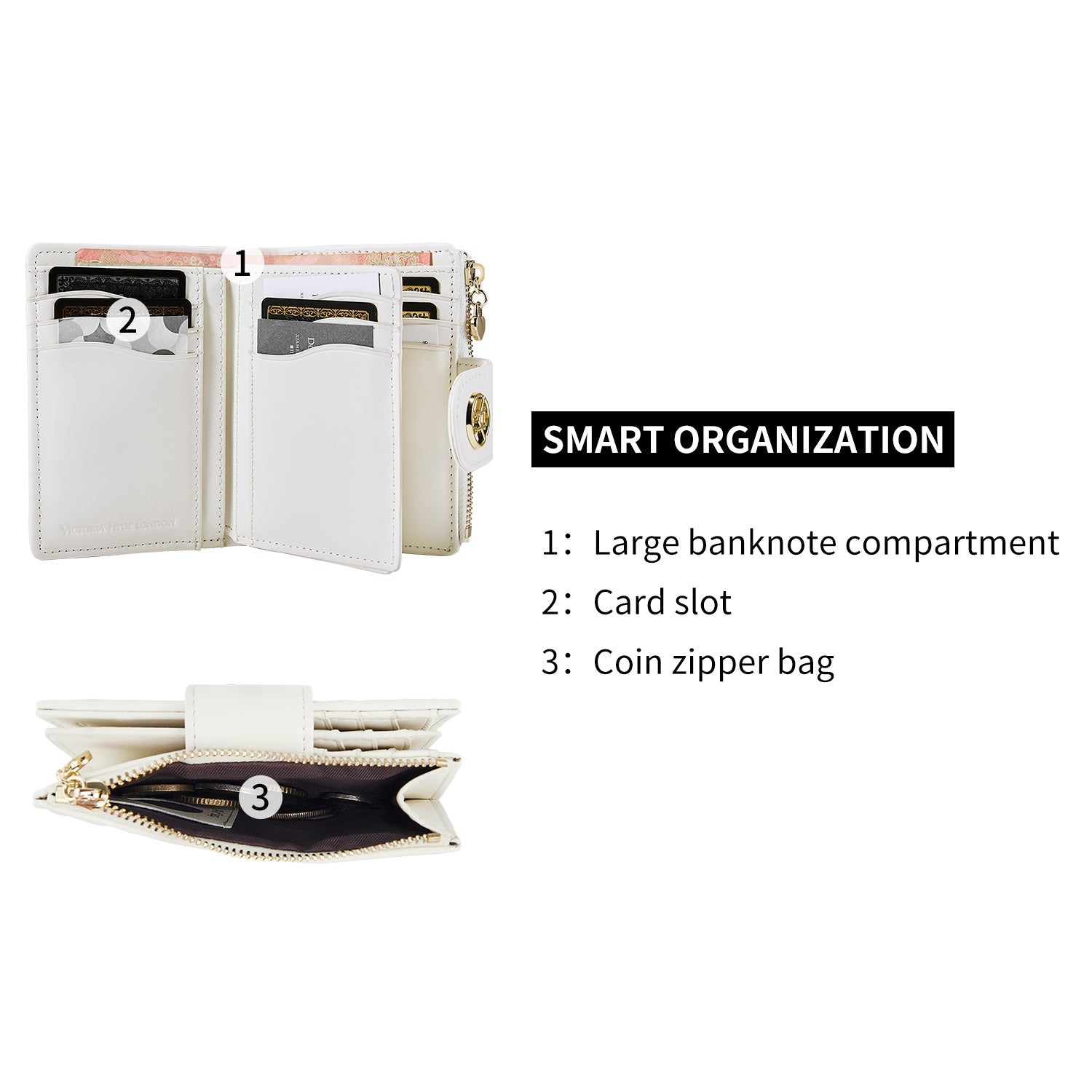 Victoria Hyde Rosi milk-white genuine leather wallet with 23 card slots, bill compartment, and zippered coin pocket. Multifunctional and elegant.