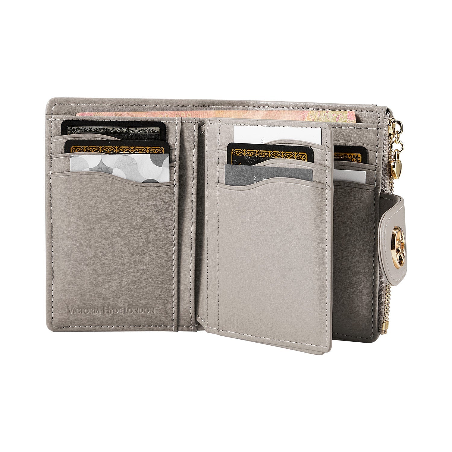 Victoria Hyde Rosi nude genuine leather wallet, multifunctional design with 19 card slots, bill compartment, and zippered coin pocket.