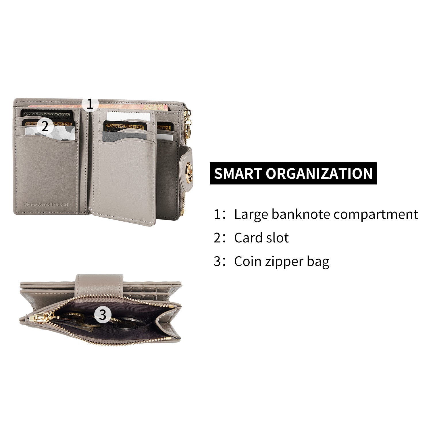 Victoria Hyde Rosi nude genuine leather wallet, multifunctional design with 19 card slots, bill compartment, and zippered coin pocket.