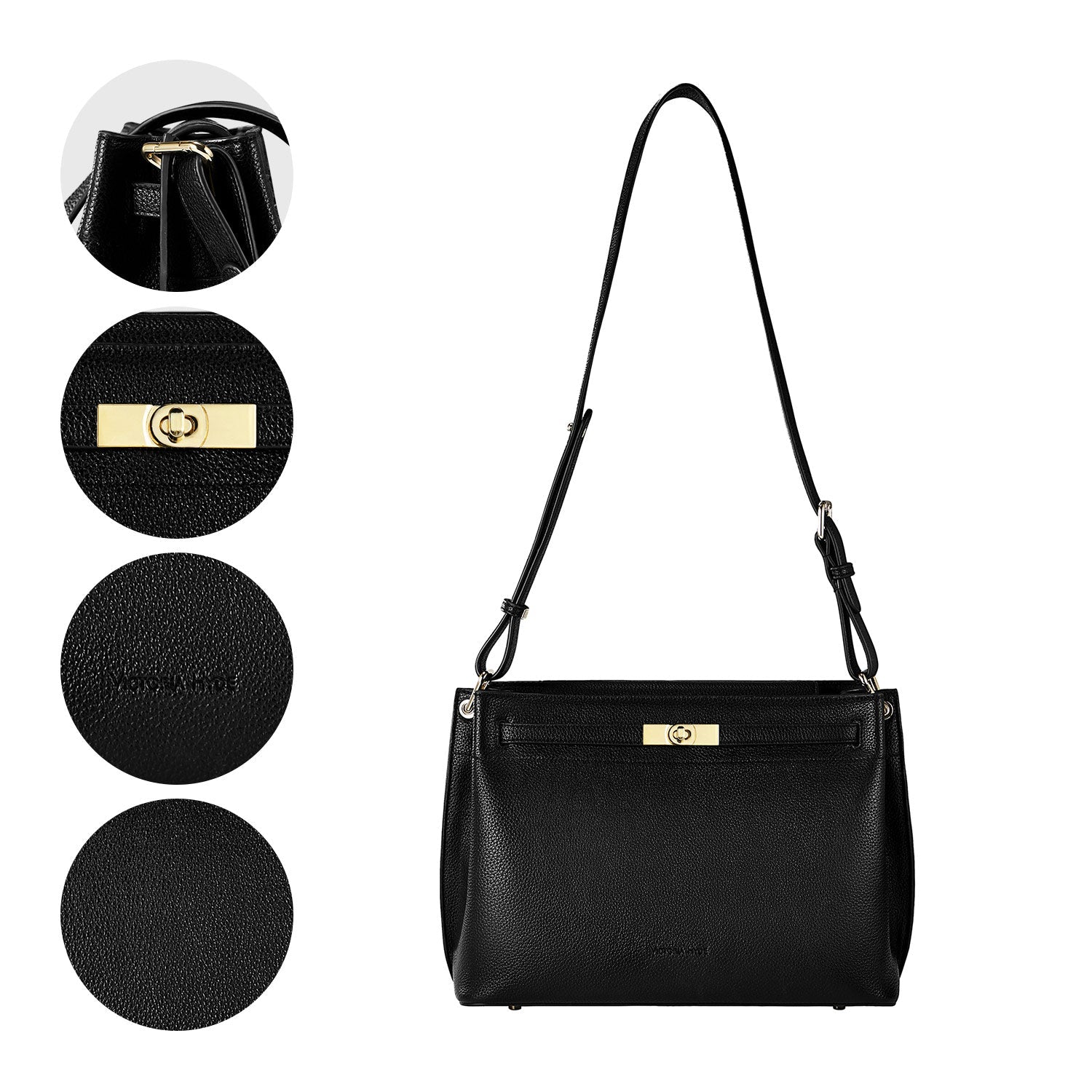 Victoria Hyde Alla Business Bag – elegant crossbody work bag with gold twist lock, PU material, organizer compartments, removable pouch. Ideal for commuting, meetings, working moms. 32×23.5×17 cm.