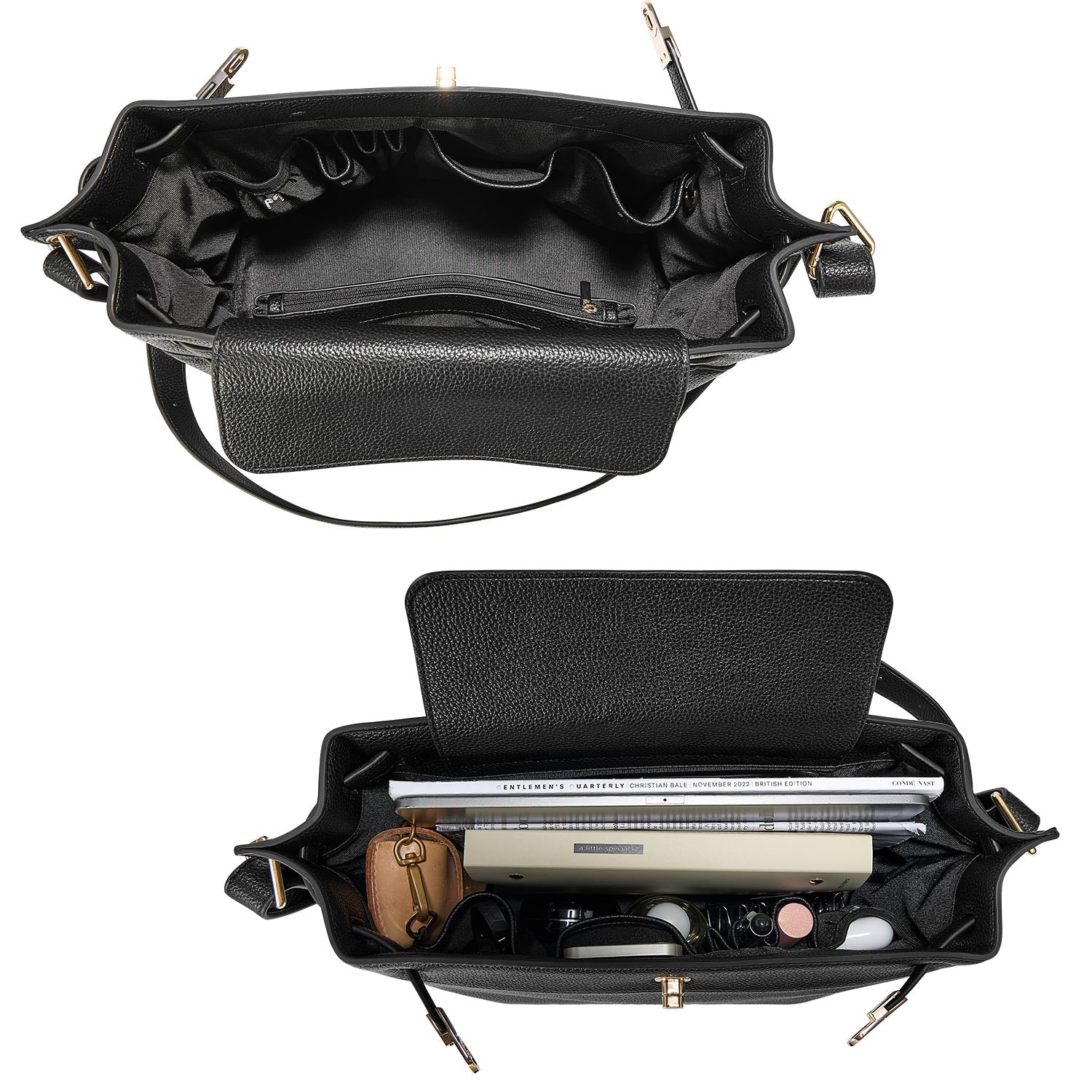 Victoria Hyde Alla Business Bag – elegant crossbody work bag with gold twist lock, PU material, organizer compartments, removable pouch. Ideal for commuting, meetings, working moms. 32×23.5×17 cm.