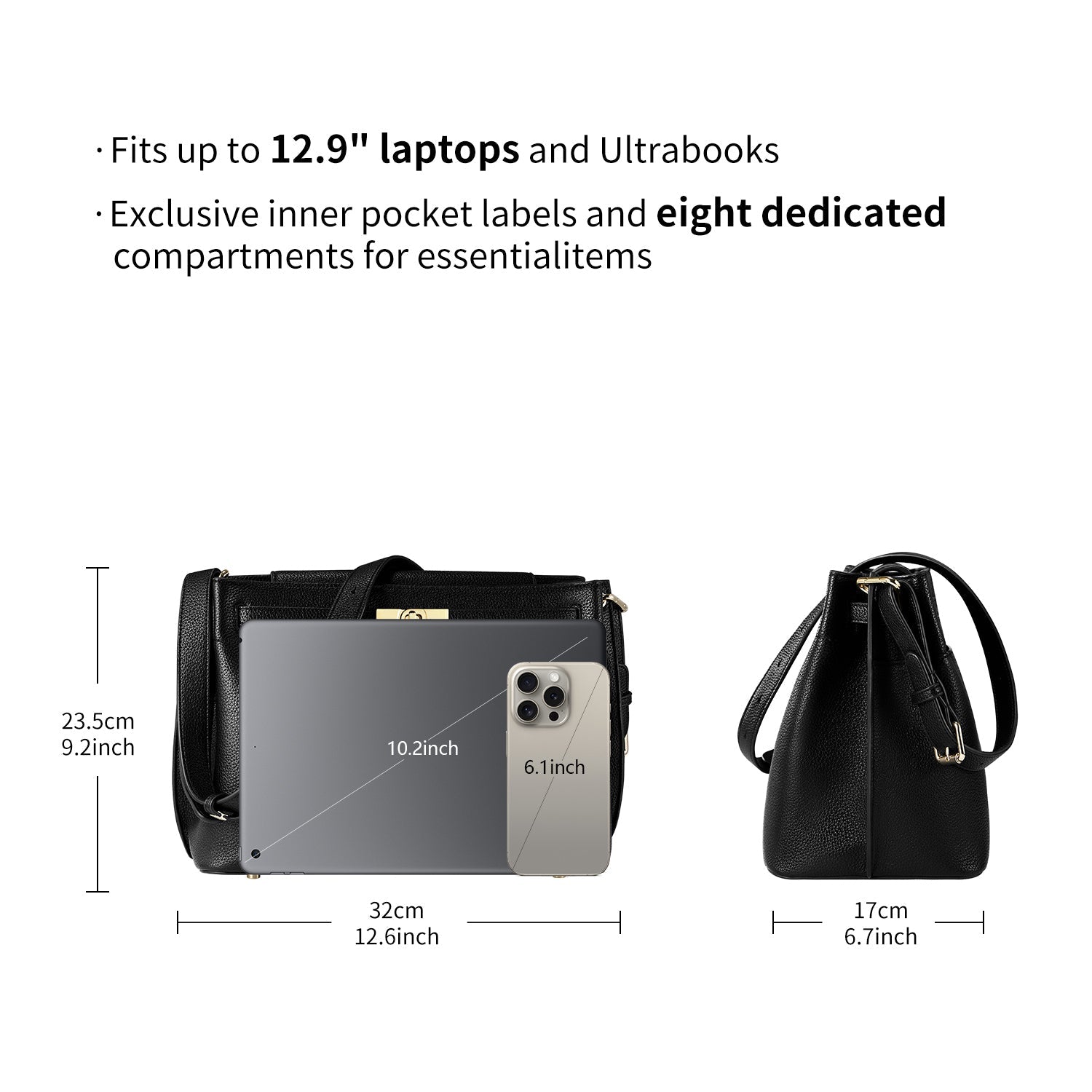 Victoria Hyde Alla Business Bag – elegant crossbody work bag with gold twist lock, PU material, organizer compartments, removable pouch. Ideal for commuting, meetings, working moms. 32×23.5×17 cm.