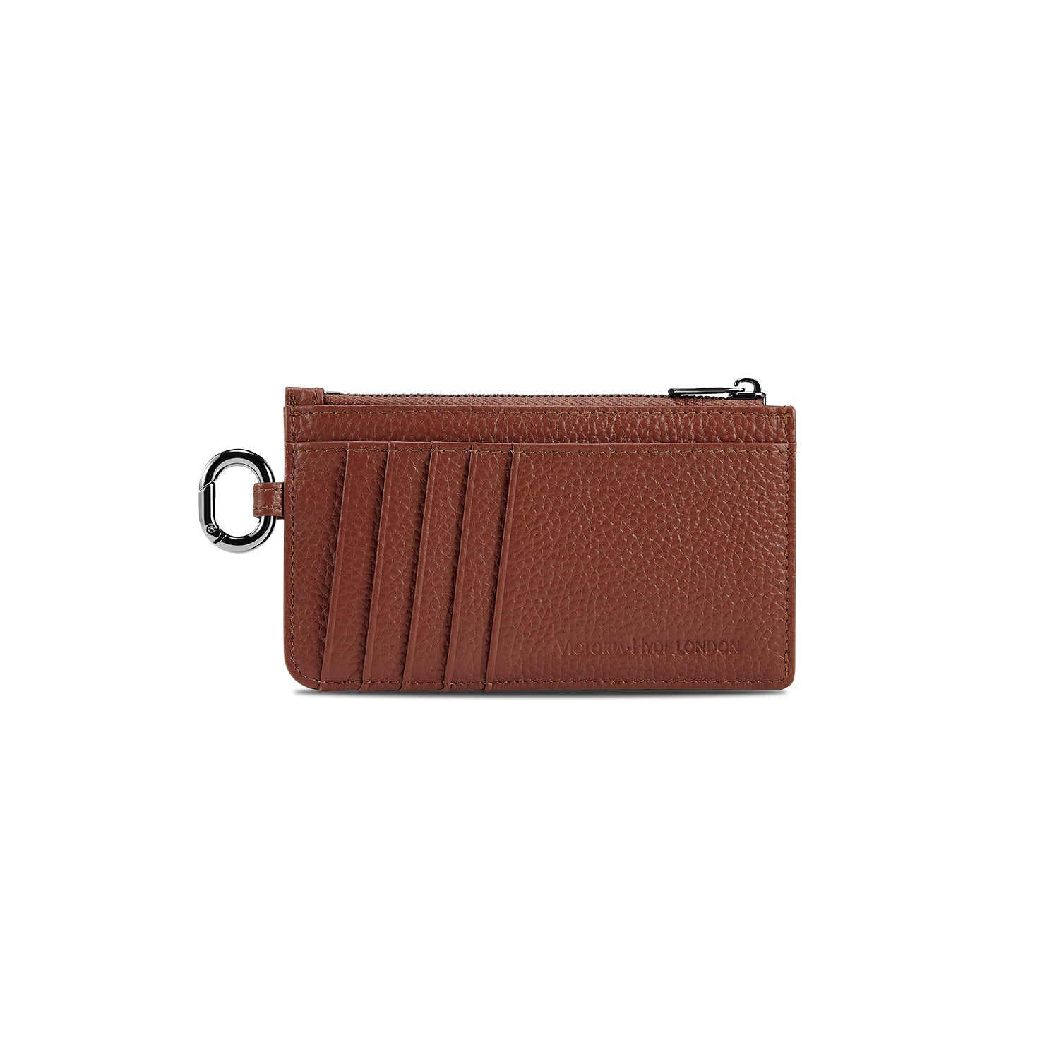 Victoria Hyde caramel genuine leather card holder, unisex & multifunctional. Features 10 card slots, 1 ticket slot, zippered coin pocket, and detachable side closure.