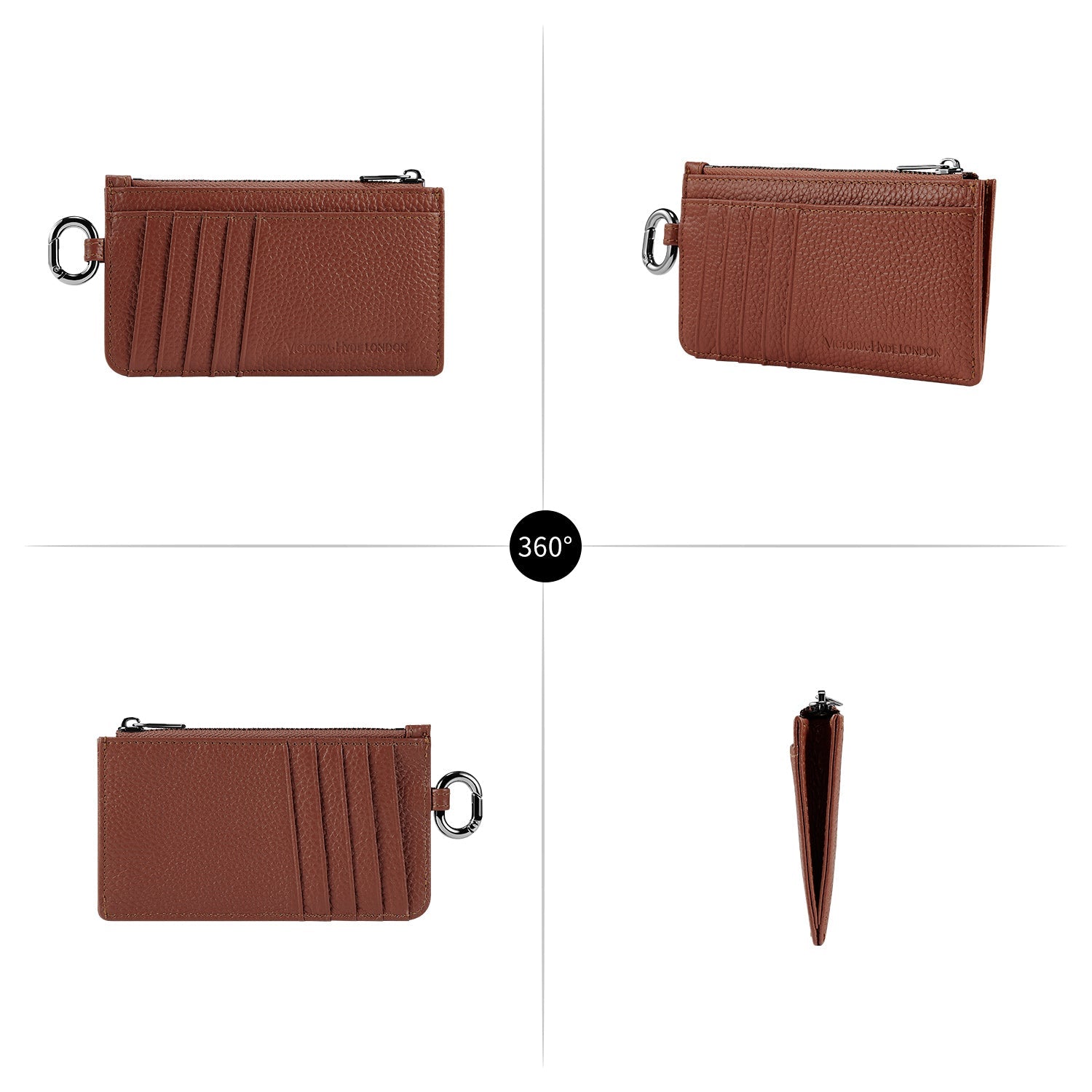Victoria Hyde caramel genuine leather card holder, unisex & multifunctional. Features 10 card slots, 1 ticket slot, zippered coin pocket, and detachable side closure.