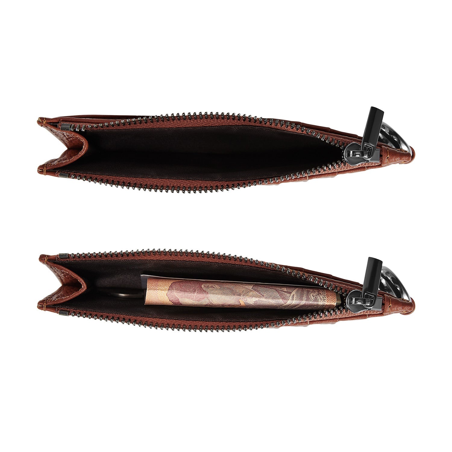 Victoria Hyde caramel genuine leather card holder, unisex & multifunctional. Features 10 card slots, 1 ticket slot, zippered coin pocket, and detachable side closure.