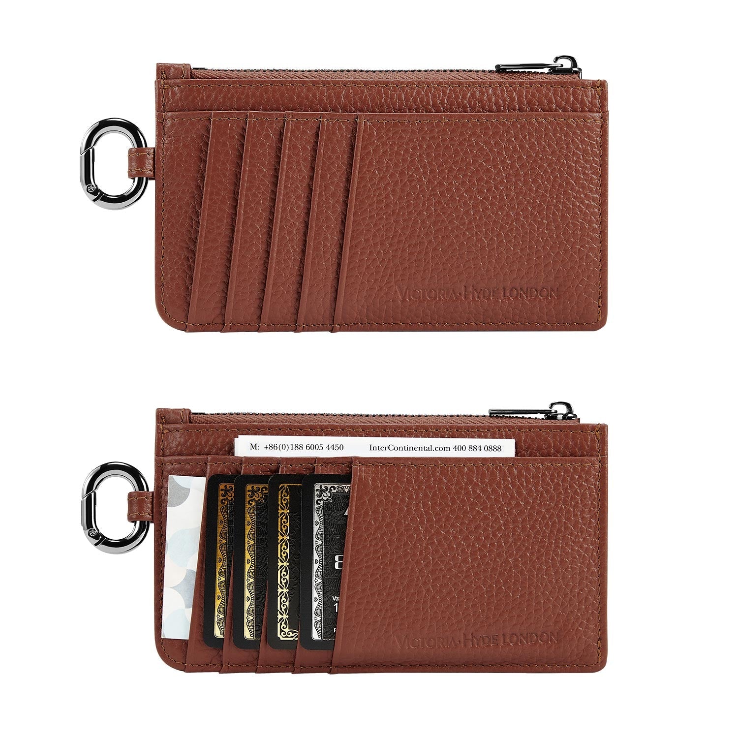 Victoria Hyde caramel genuine leather card holder, unisex &amp; multifunctional. Features 10 card slots, 1 ticket slot, zippered coin pocket, and detachable side closure.